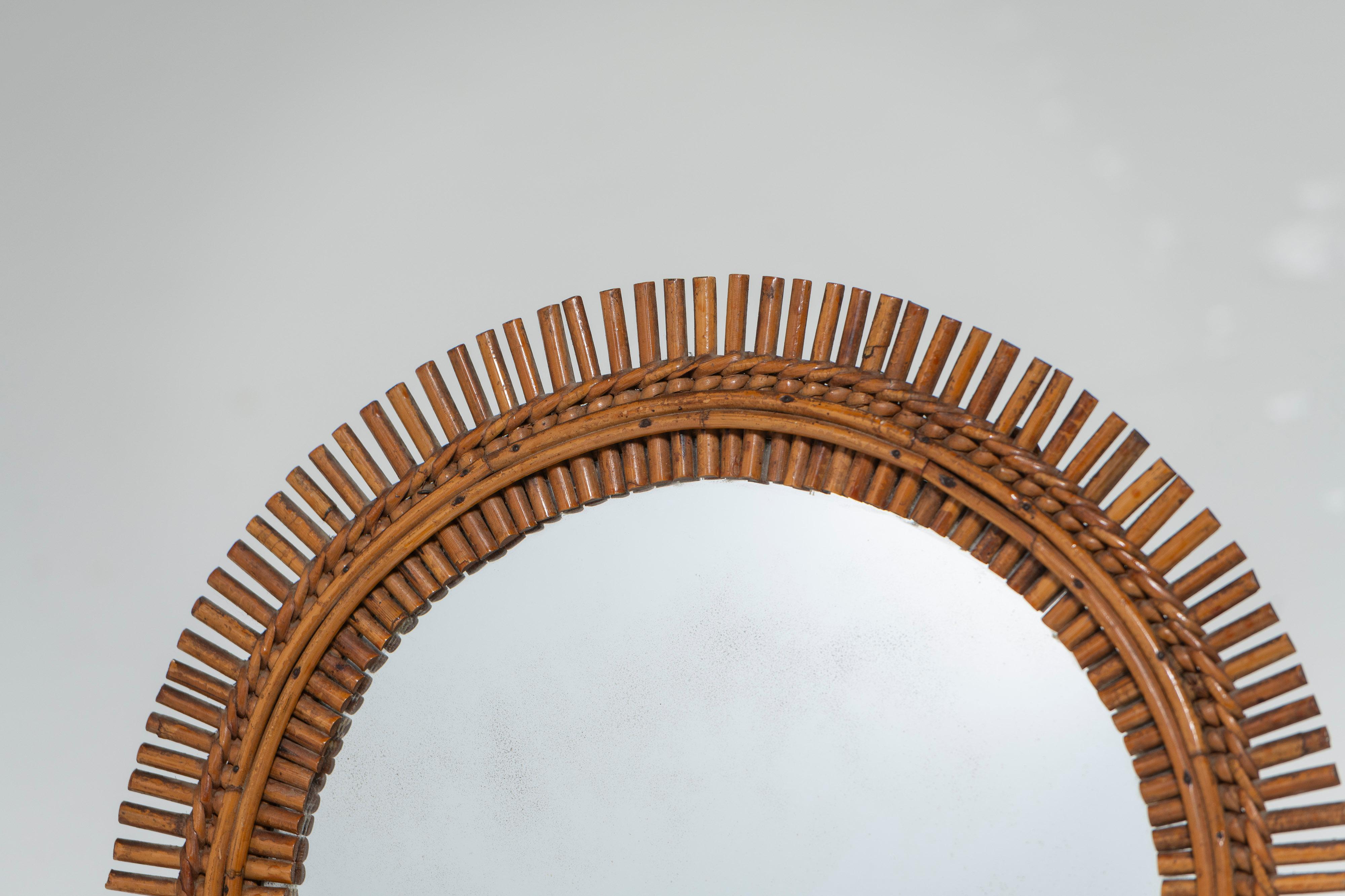 Italian Mid-Century Modern Bamboo, Cane and Rattan Mirror with Chain, Italy For Sale