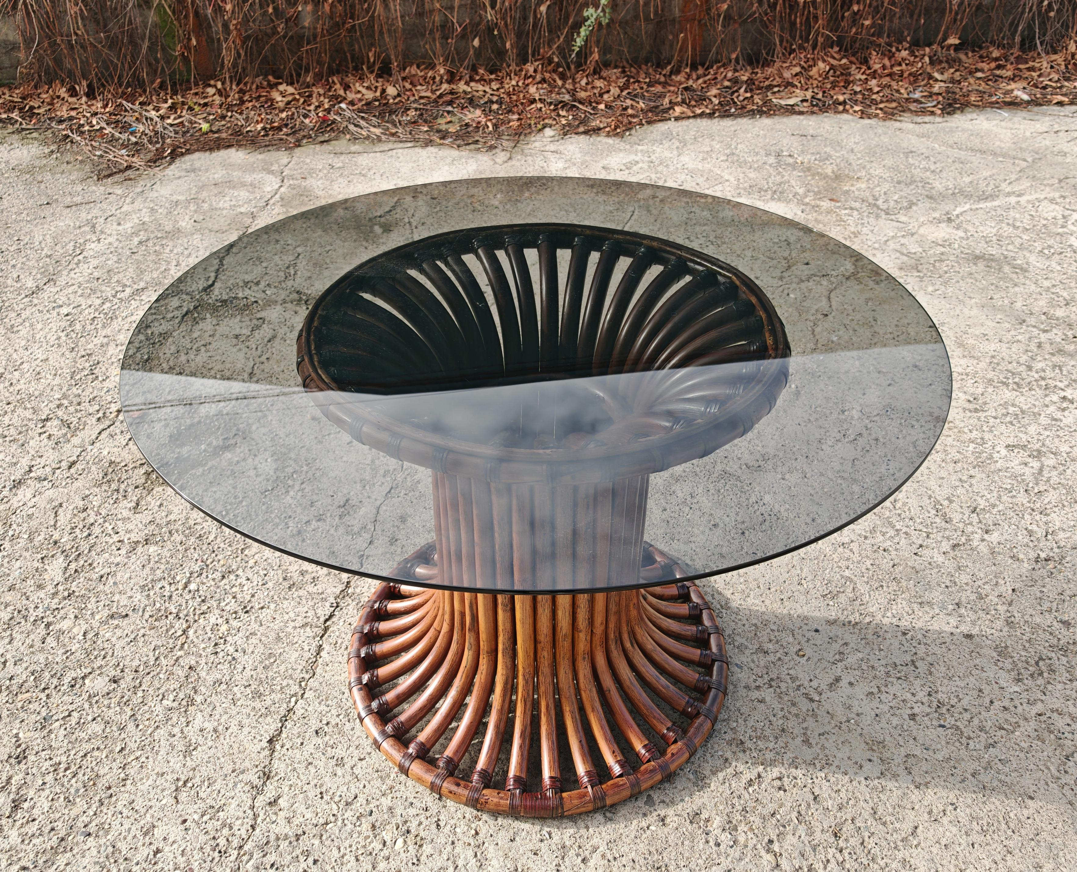 Mid Century Modern Bamboo Dining Table with a smoked glass top, Italy 1970s For Sale 5