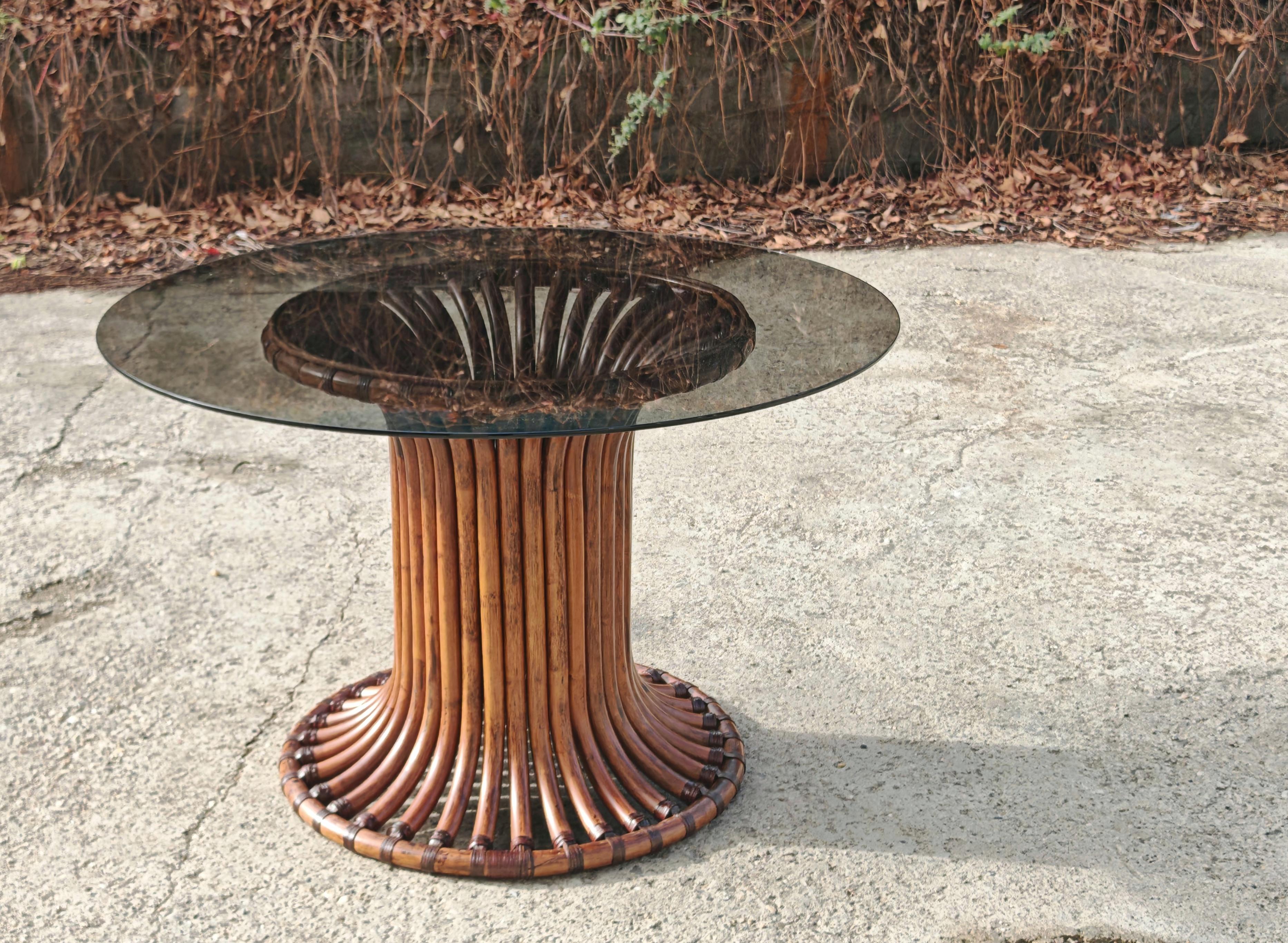 Mid Century Modern Bamboo Dining Table with a smoked glass top, Italy 1970s For Sale 1