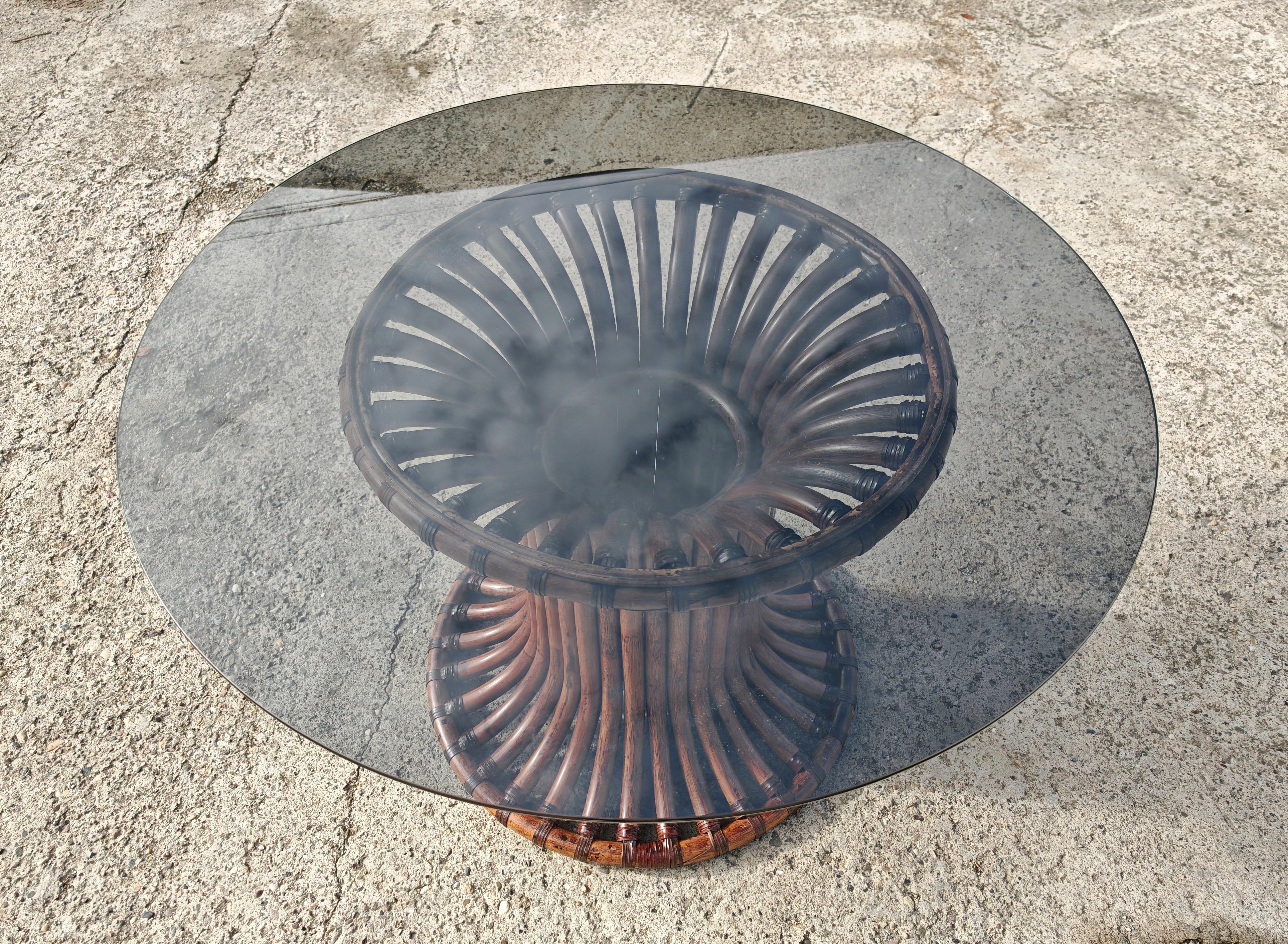 Mid Century Modern Bamboo Dining Table with a smoked glass top, Italy 1970s For Sale 3