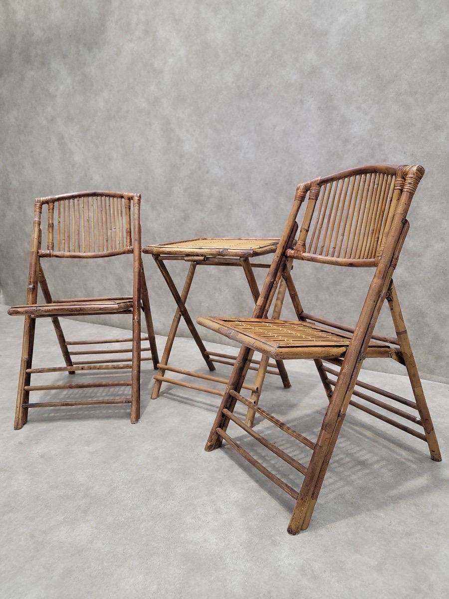 Chaises pliantes en bambou mi-siècle moderne avec 2 pièces d'appoint pliantes en bambou - 8 pièces Bon état - En vente à Chicago, IL