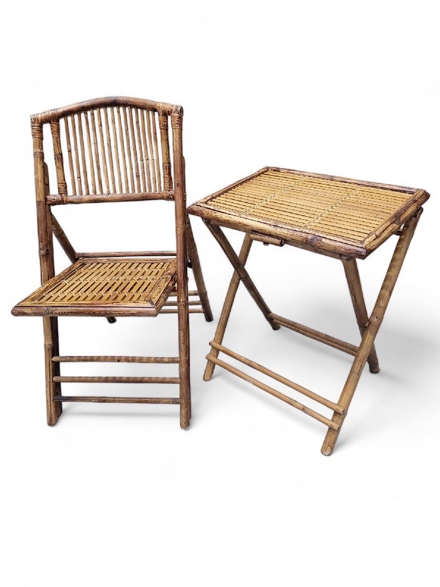 20ième siècle Chaises pliantes en bambou mi-siècle moderne avec 2 pièces d'appoint pliantes en bambou - 8 pièces en vente