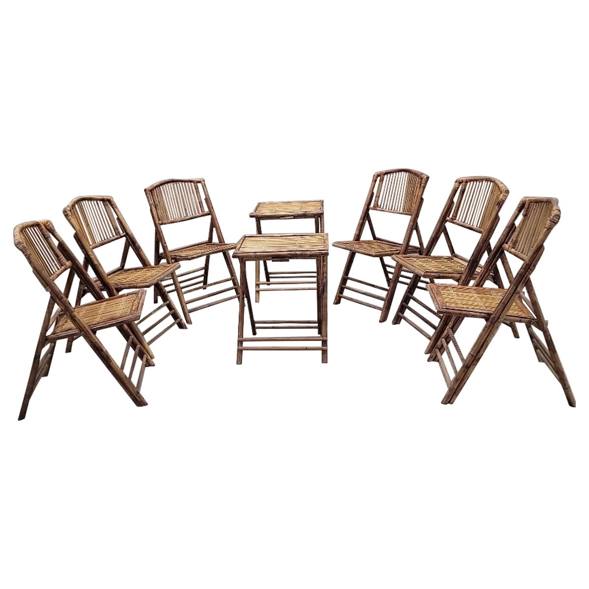 Mid Century Modern Bamboo Folding Chairs w/ 2 Folding Bamboo Side - 8 Piece