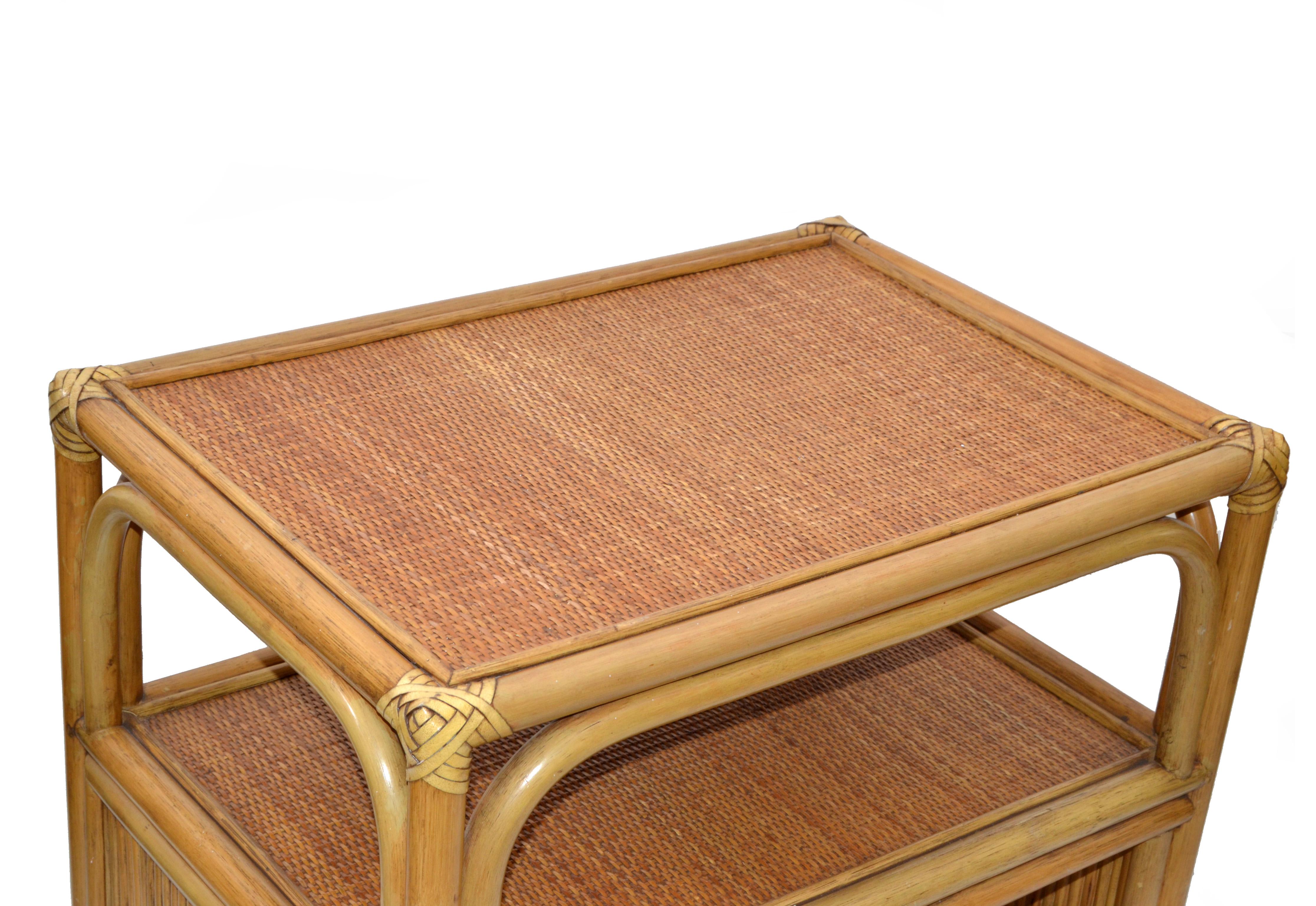 70s Mid-Century Modern Bamboo Handwoven Leather Corners Cane Top Cart Side Table For Sale 4