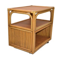 70s Mid-Century Modern Bamboo Handwoven Leather Corners Cane Top Cart Side Table