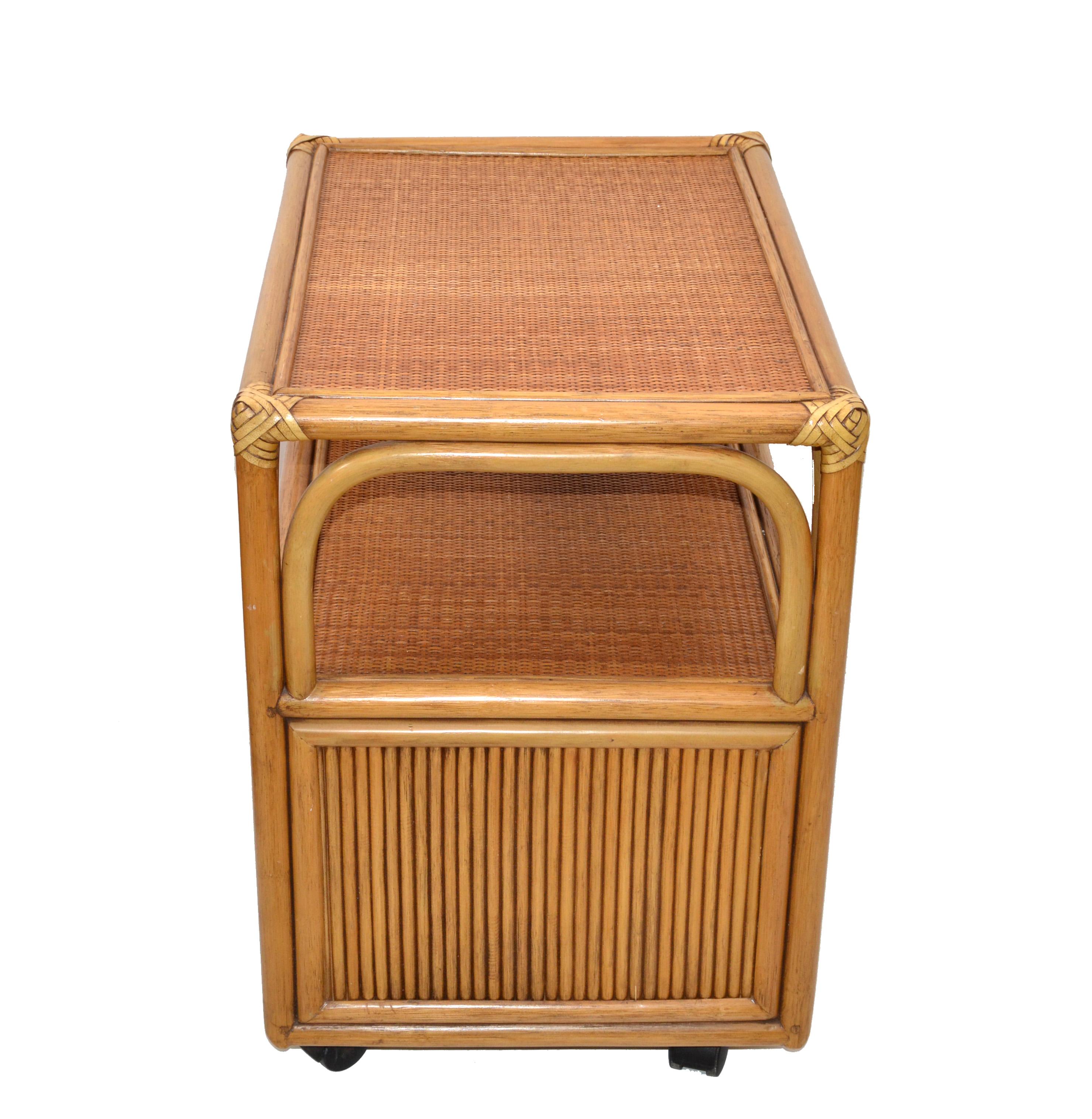 American 70s Mid-Century Modern Bamboo Handwoven Leather Corners Cane Top Cart Side Table For Sale