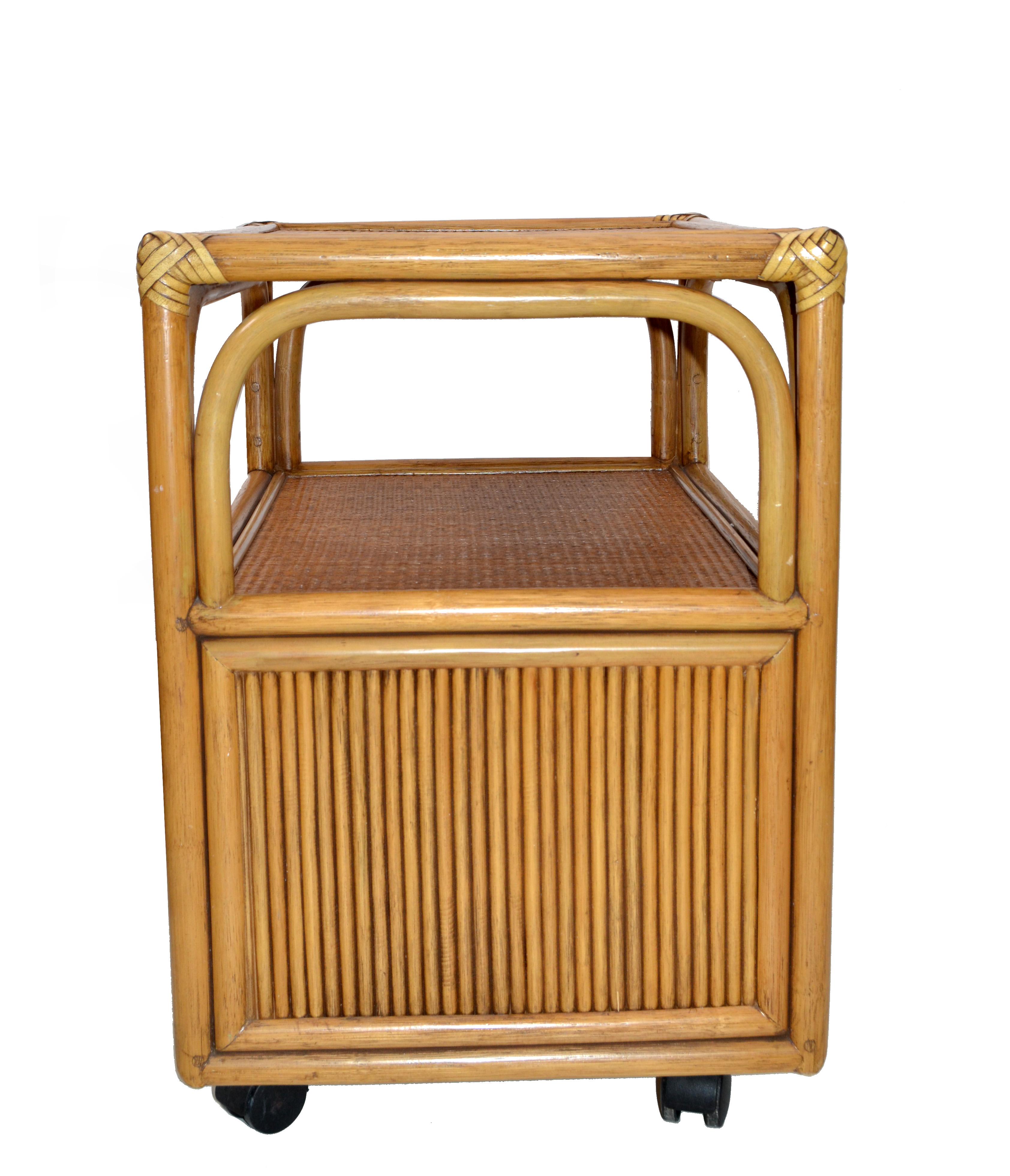 Hand-Crafted 70s Mid-Century Modern Bamboo Handwoven Leather Corners Cane Top Cart Side Table For Sale