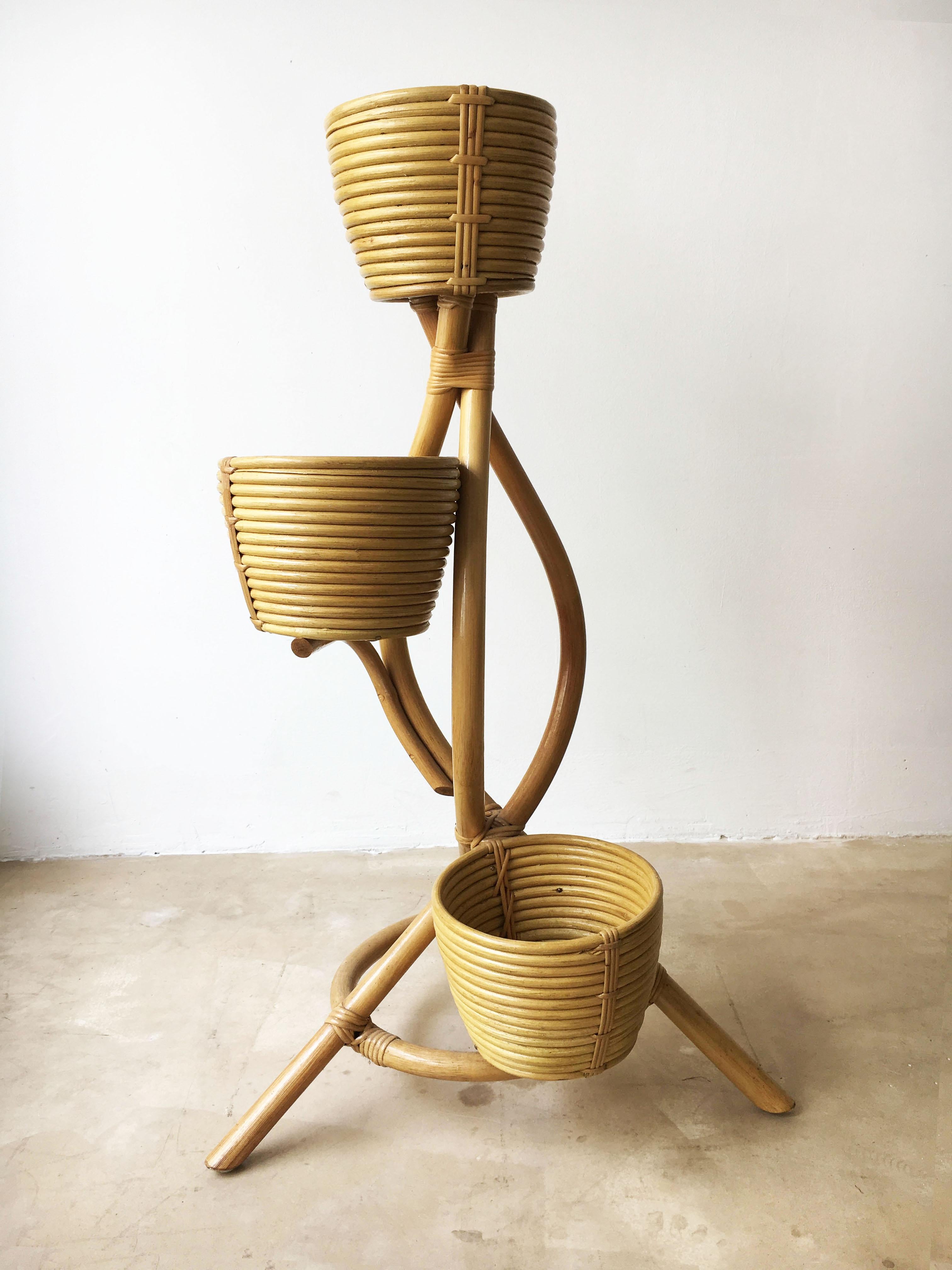 Mid-Century Modern Bamboo Italian Flower Pot Stand, Italy, 1970s In Good Condition In Vienna, AT
