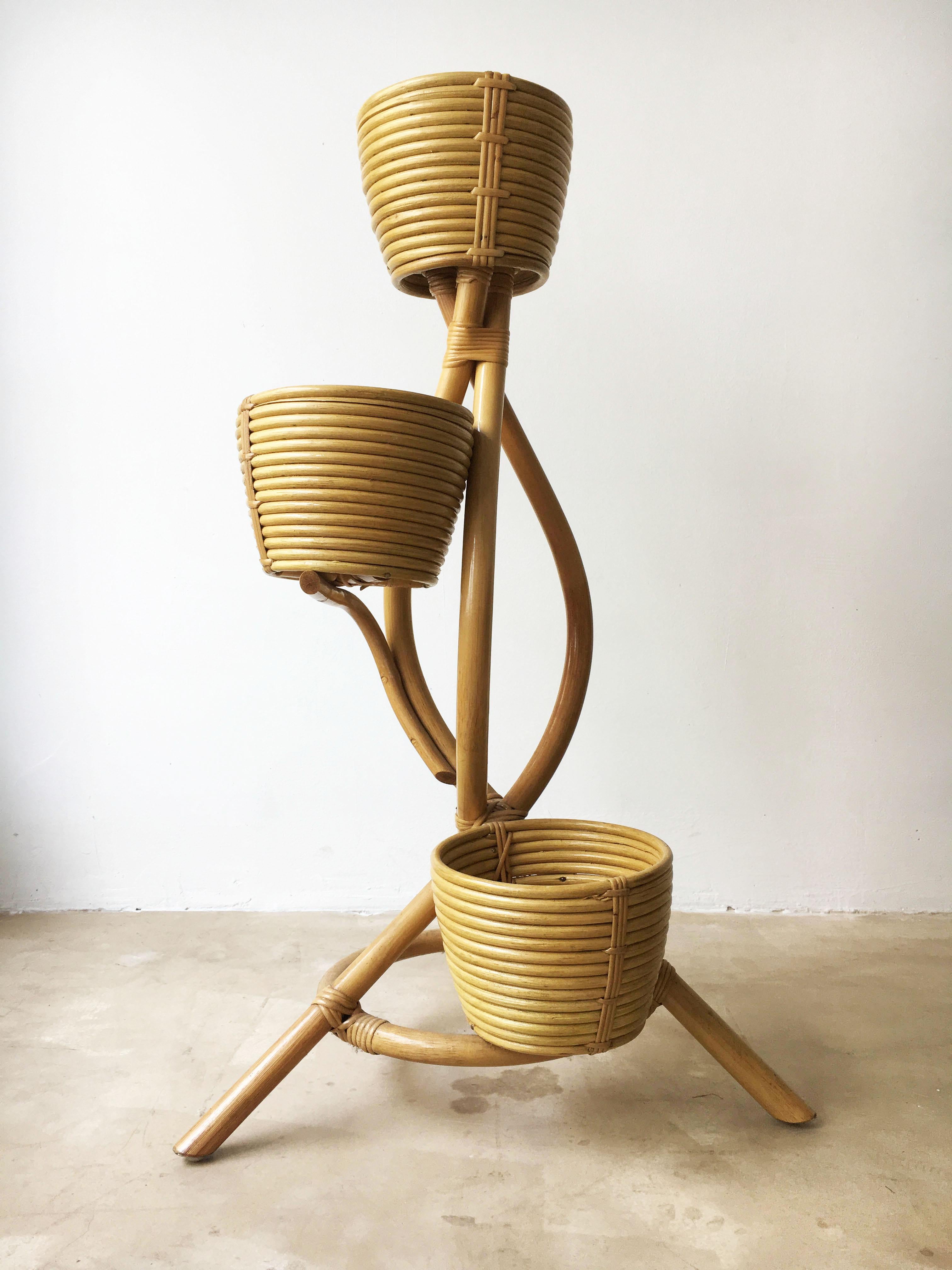 Mid-Century Modern Bamboo Italian Flower Pot Stand, Italy, 1970s 1