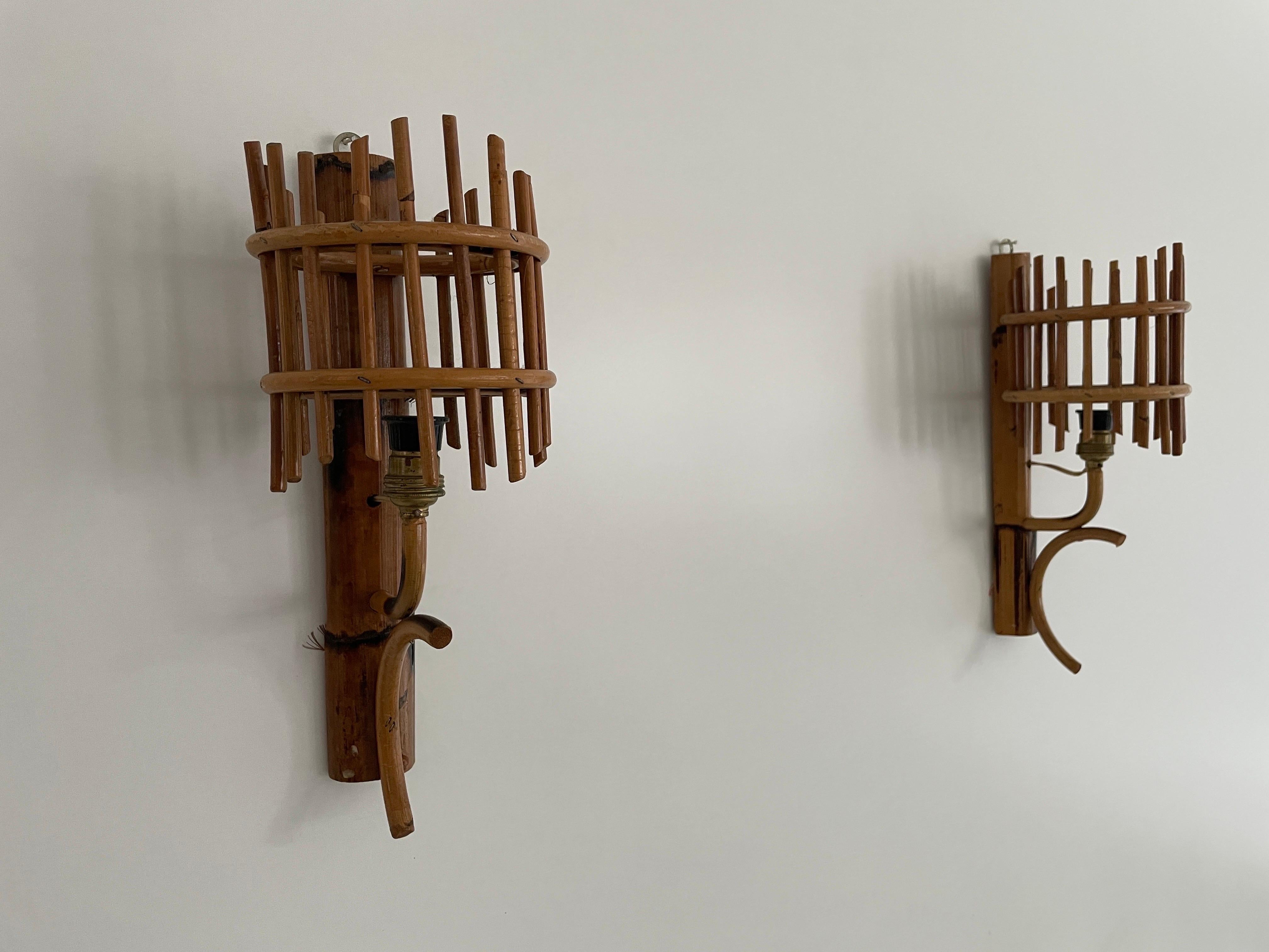 Italian Mid-Century Modern Bamboo Pair of Wall Lamps, 1950s, Italy For Sale