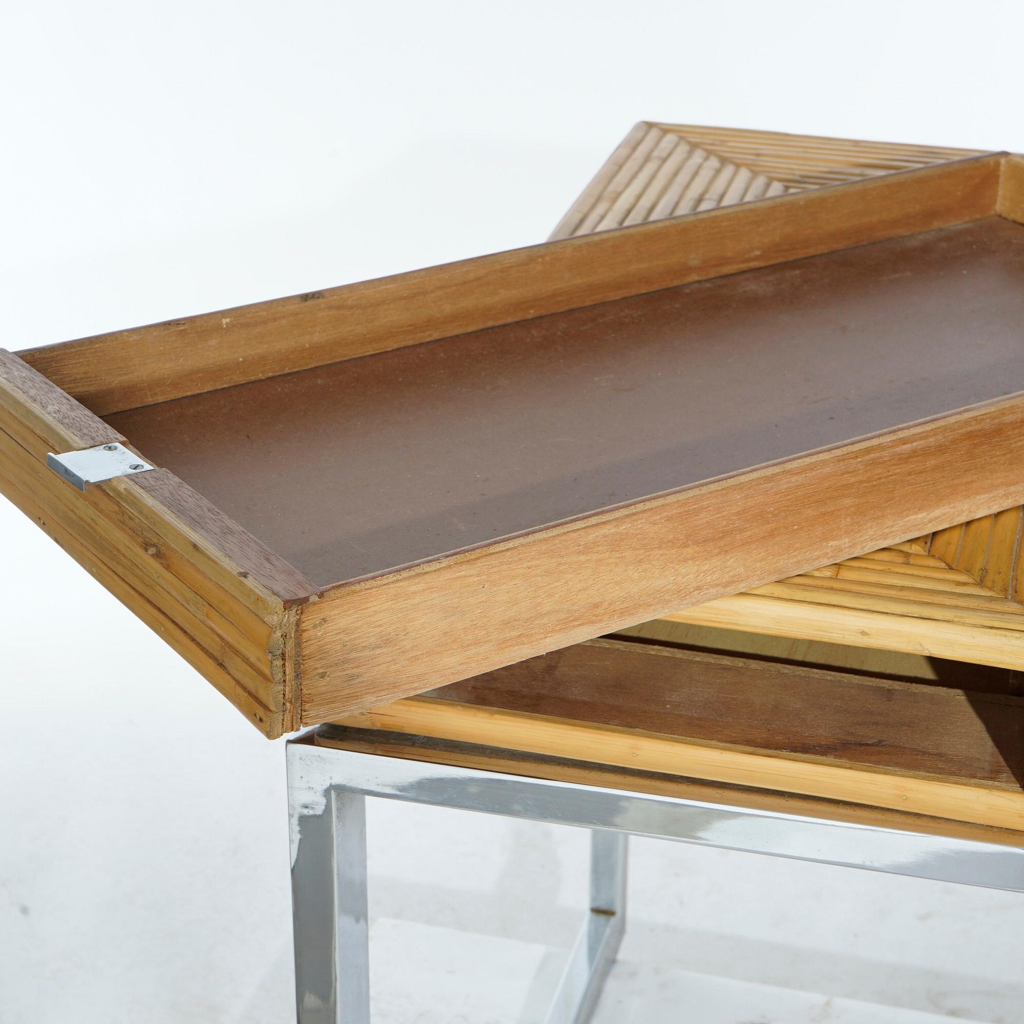 Mid-Century Modern Bamboo Parquetry, Glass & Chrome Desk, 20th C 15