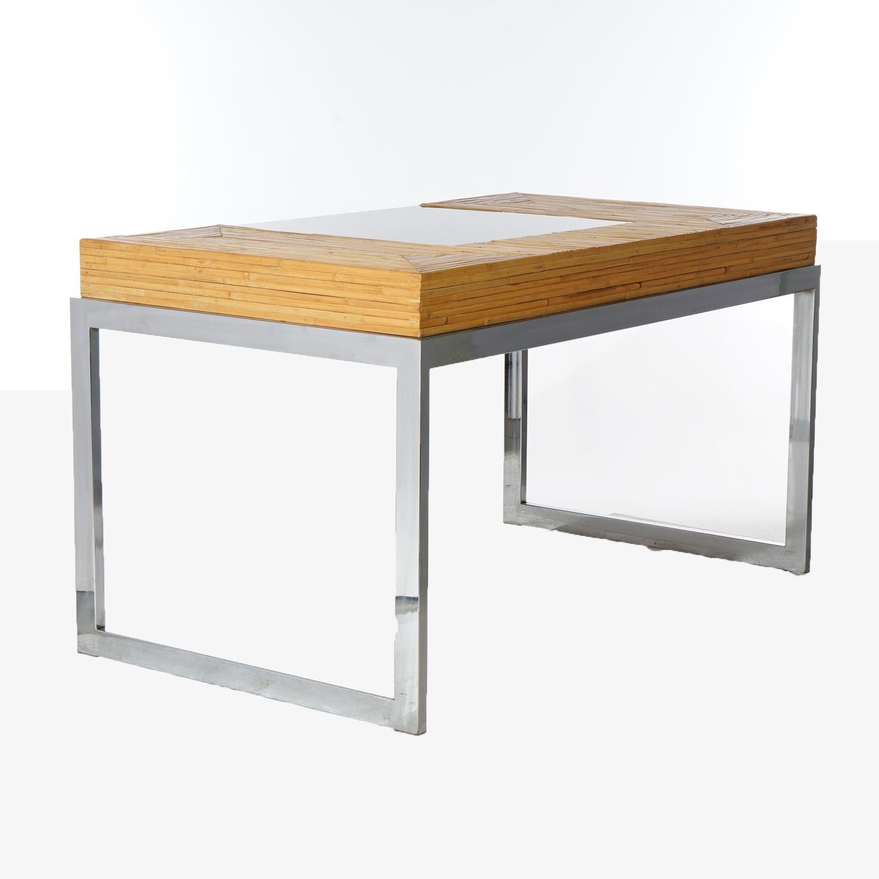 Mid-Century Modern Bamboo Parquetry, Glass & Chrome Desk, 20th C 1