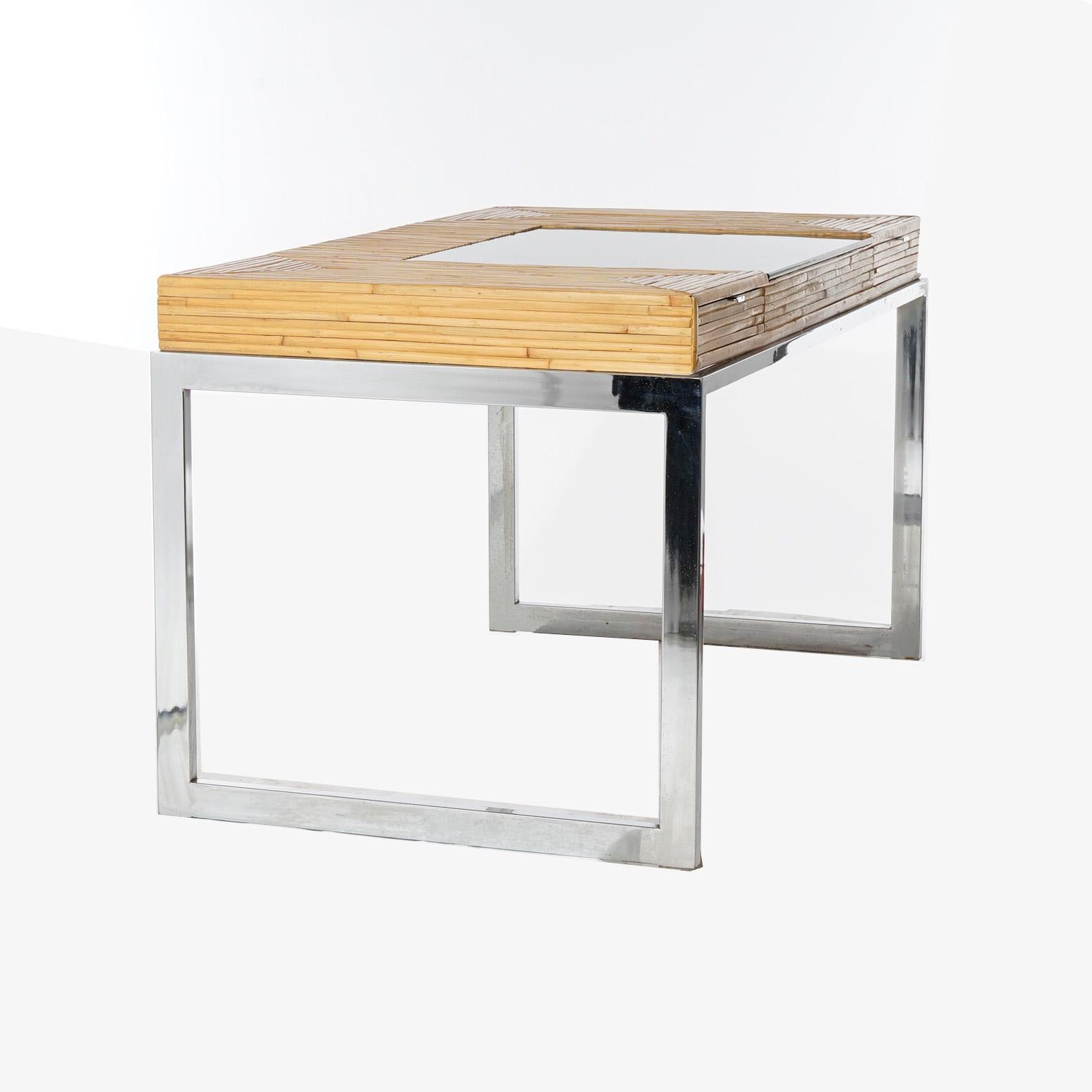 Mid-Century Modern Bamboo Parquetry, Glass & Chrome Desk, 20th C 3