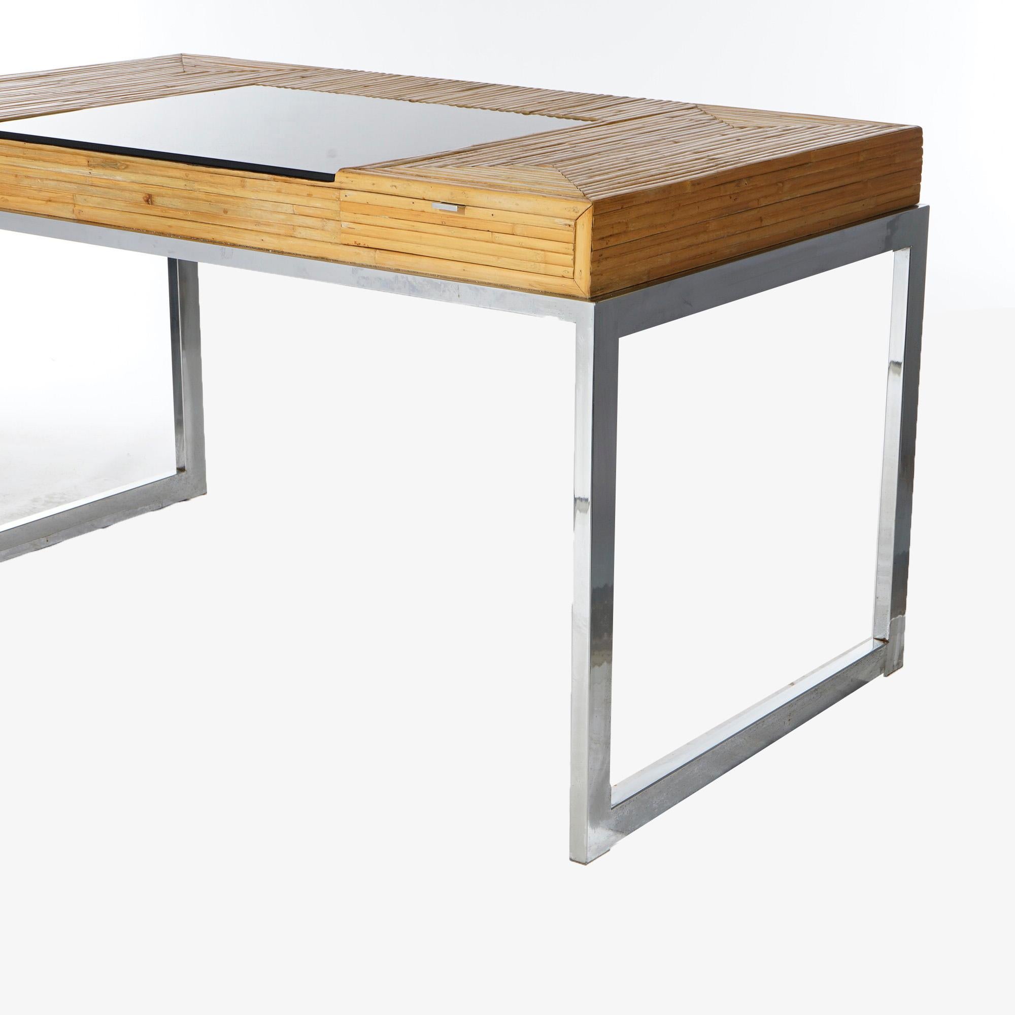 Mid-Century Modern Bamboo Parquetry, Glass & Chrome Desk, 20th C 4