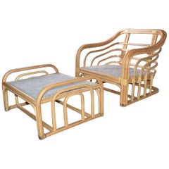 Mid-Century Modern Bamboo Porch Lounging Armchair and Ottoman