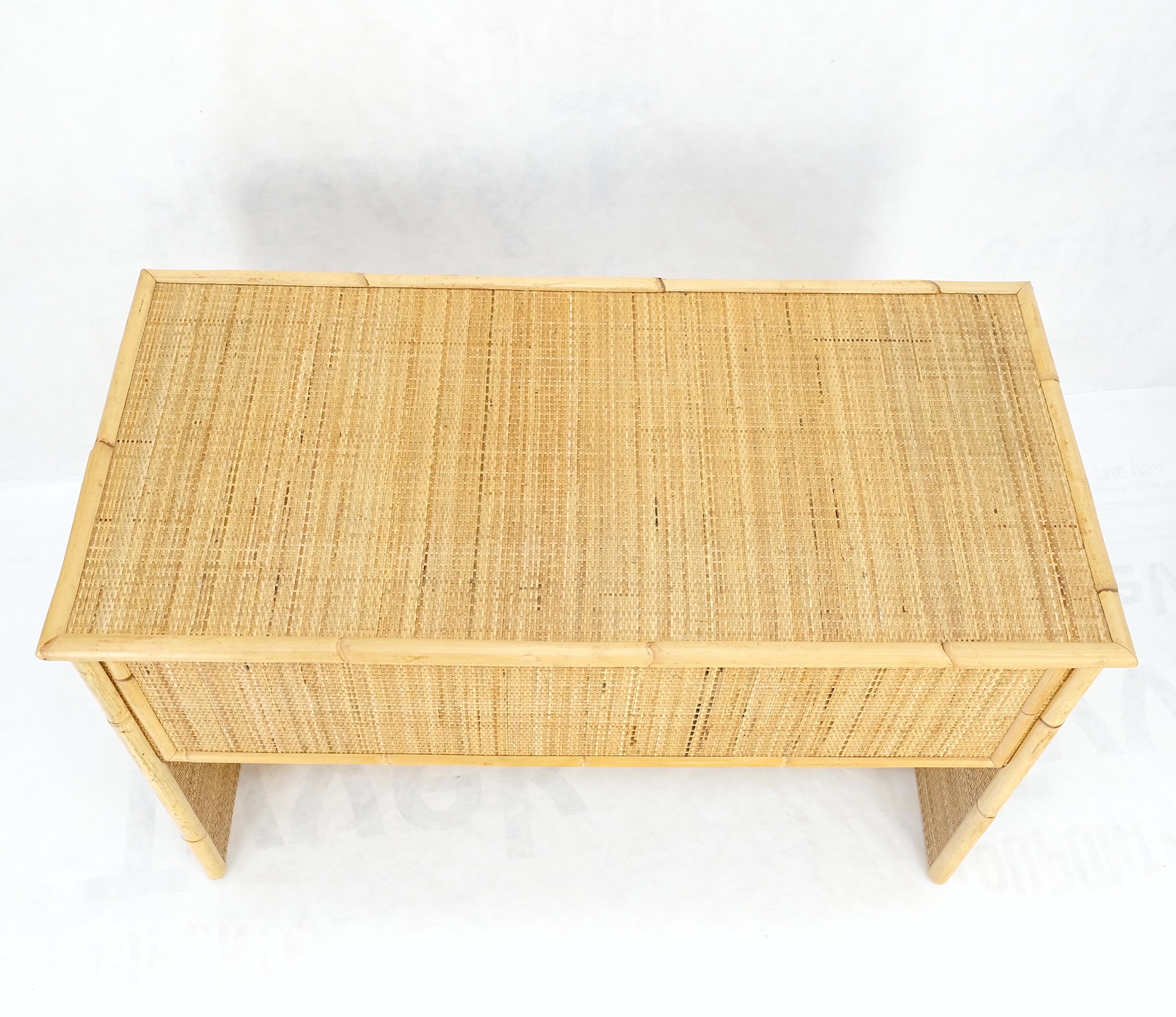 American Mid-Century Modern Bamboo Rattan Cane Two Drawers Brass Pulls Decorative Desk  For Sale