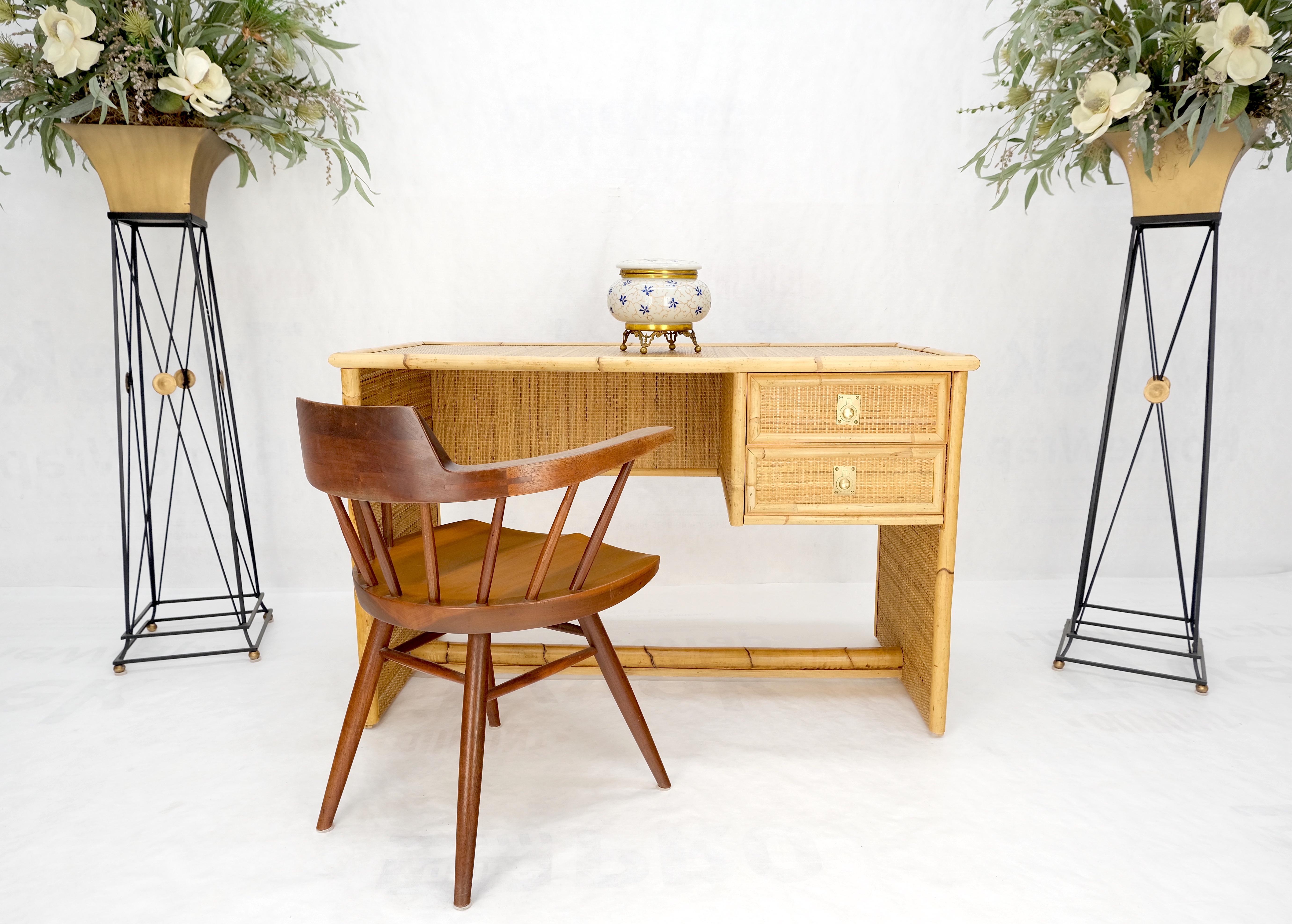 Mid-Century Modern Bamboo Rattan Cane Two Drawers Brass Pulls Decorative Desk  In Good Condition For Sale In Rockaway, NJ