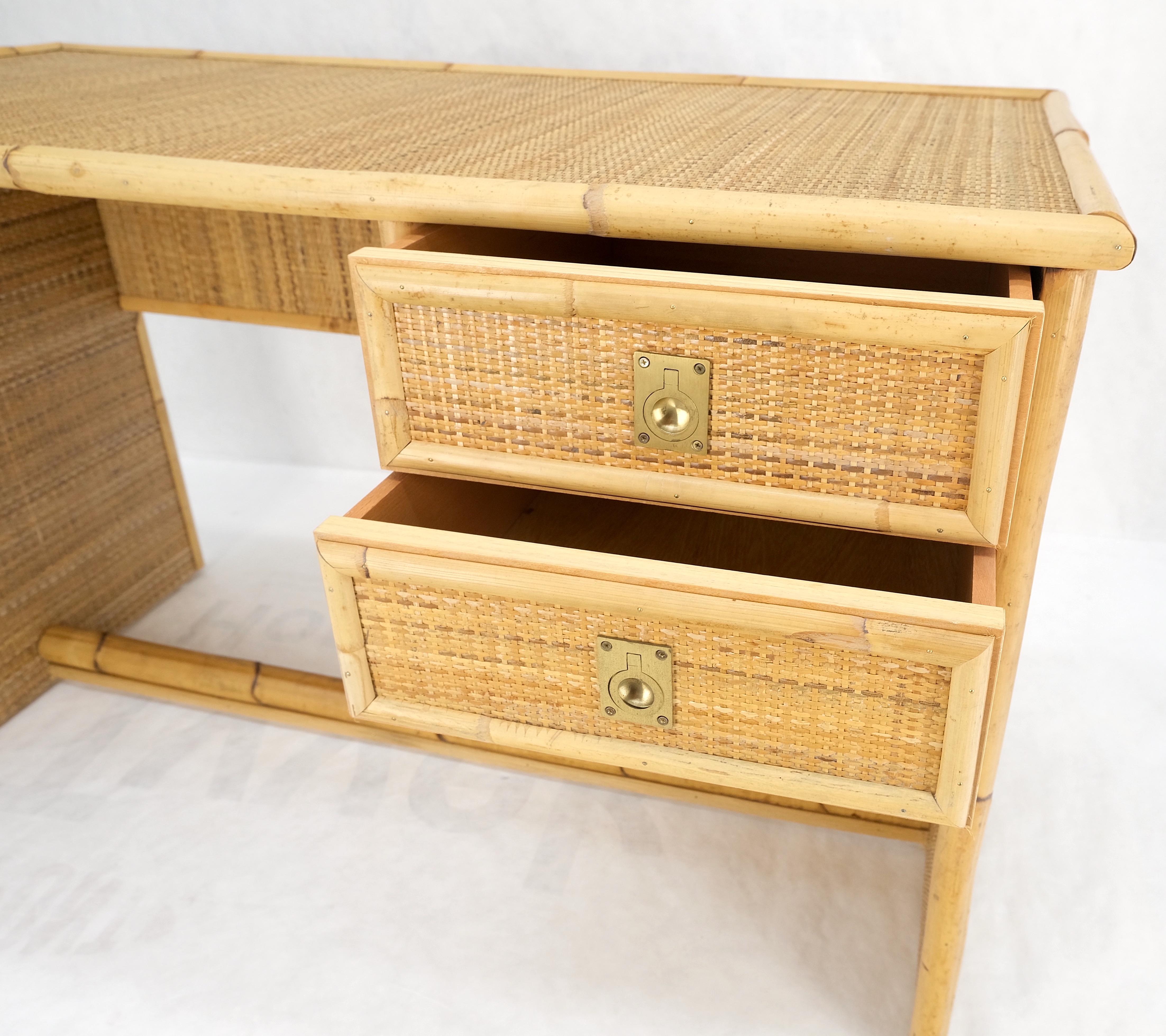 Mid-Century Modern Bamboo Rattan Cane Two Drawers Brass Pulls Decorative Desk  For Sale 3