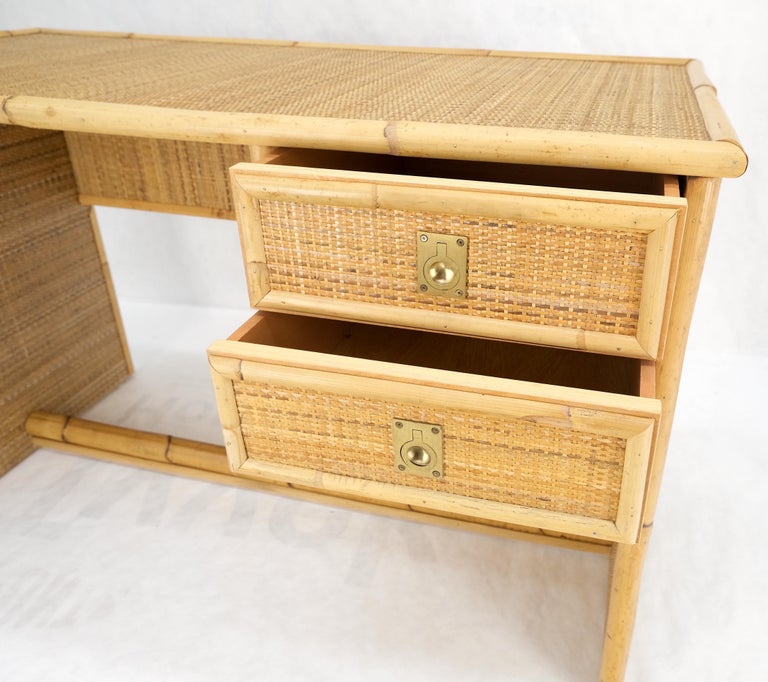 MidCentury Modern Bamboo Rattan Cane Two Drawers Brass Pulls