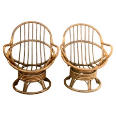 Used Mid-Century Modern Bamboo Rattan Egg Shaped  Swivel Lounge Chairs, a Pair