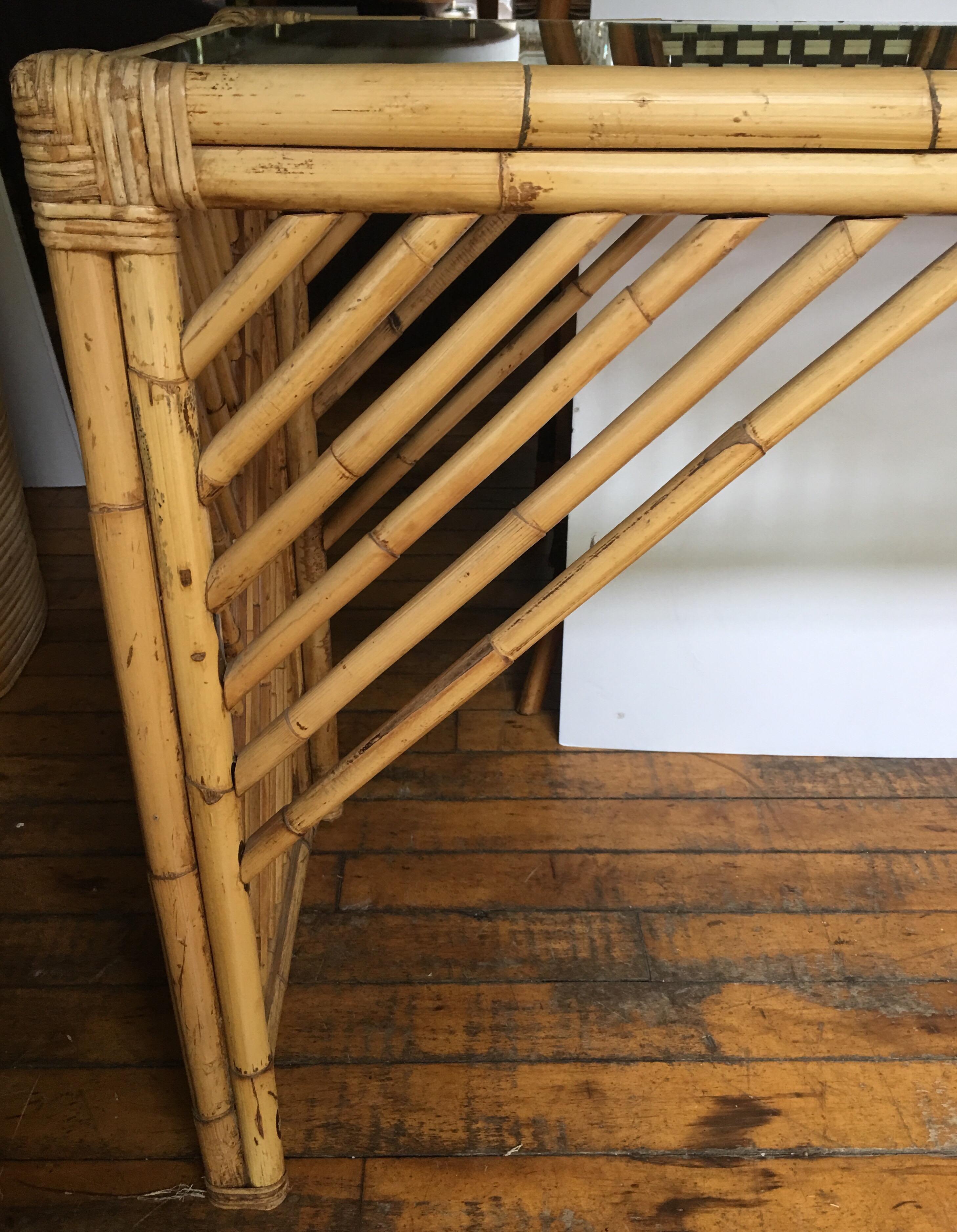 Mid-Century Modern Bamboo Rattan Fretwork Console Table with Stool Ottomans 5