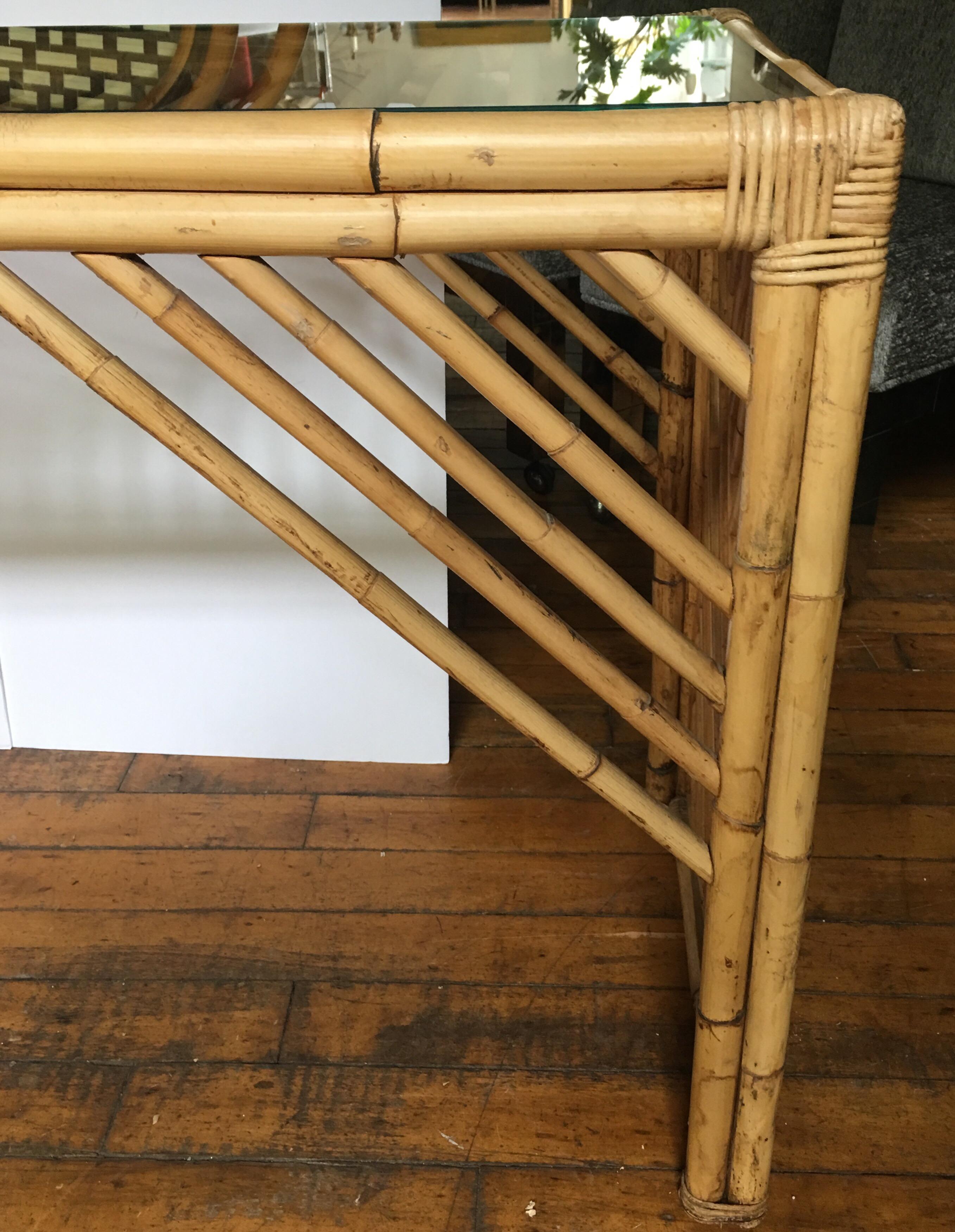 Mid-Century Modern Bamboo Rattan Fretwork Console Table with Stool Ottomans 6