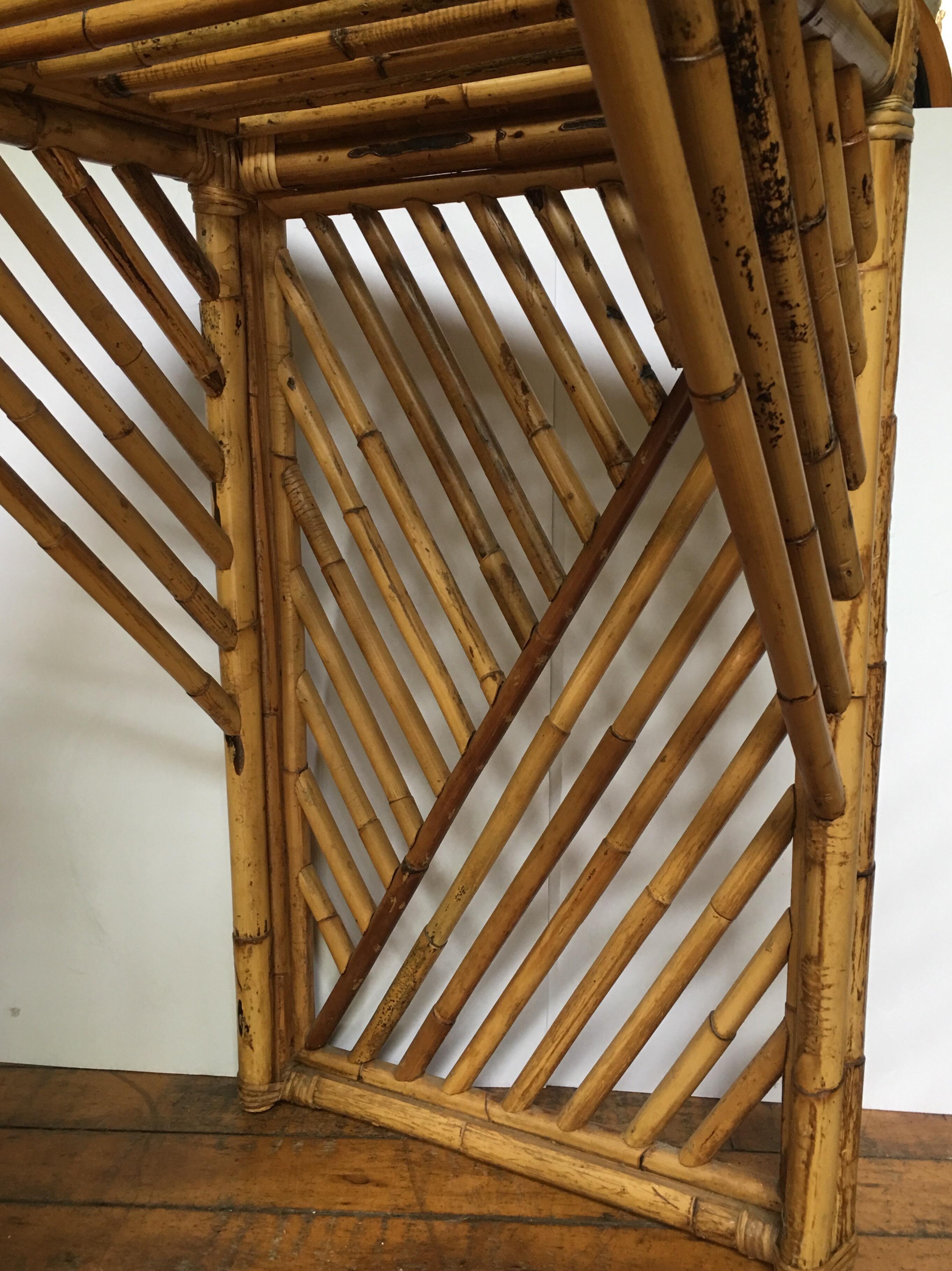 Mid-Century Modern Bamboo Rattan Fretwork Console Table with Stool Ottomans 7