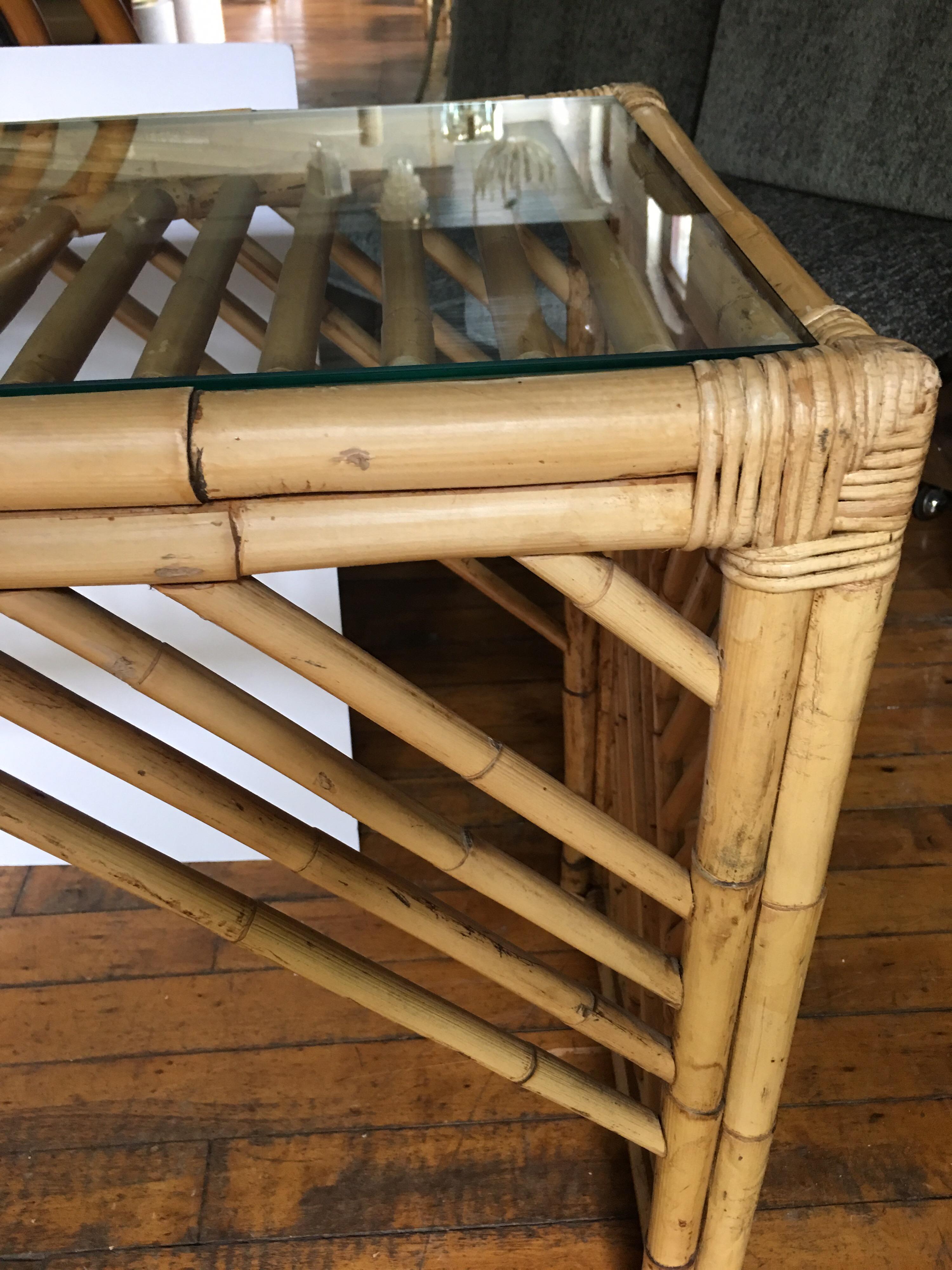 Mid-Century Modern Bamboo Rattan Fretwork Console Table with Stool Ottomans 9
