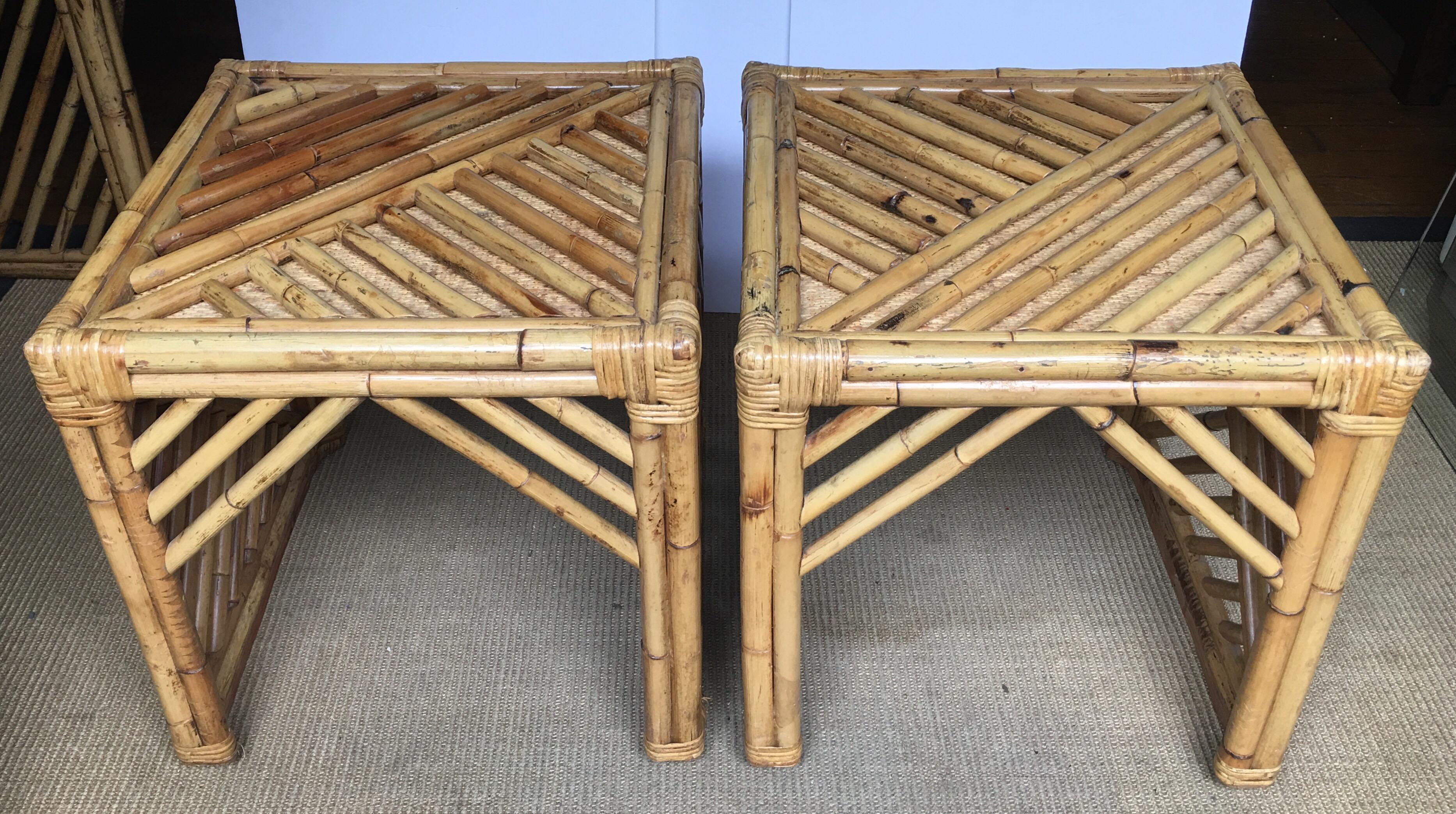 Mid-Century Modern Bamboo Rattan Fretwork Console Table with Stool Ottomans 10