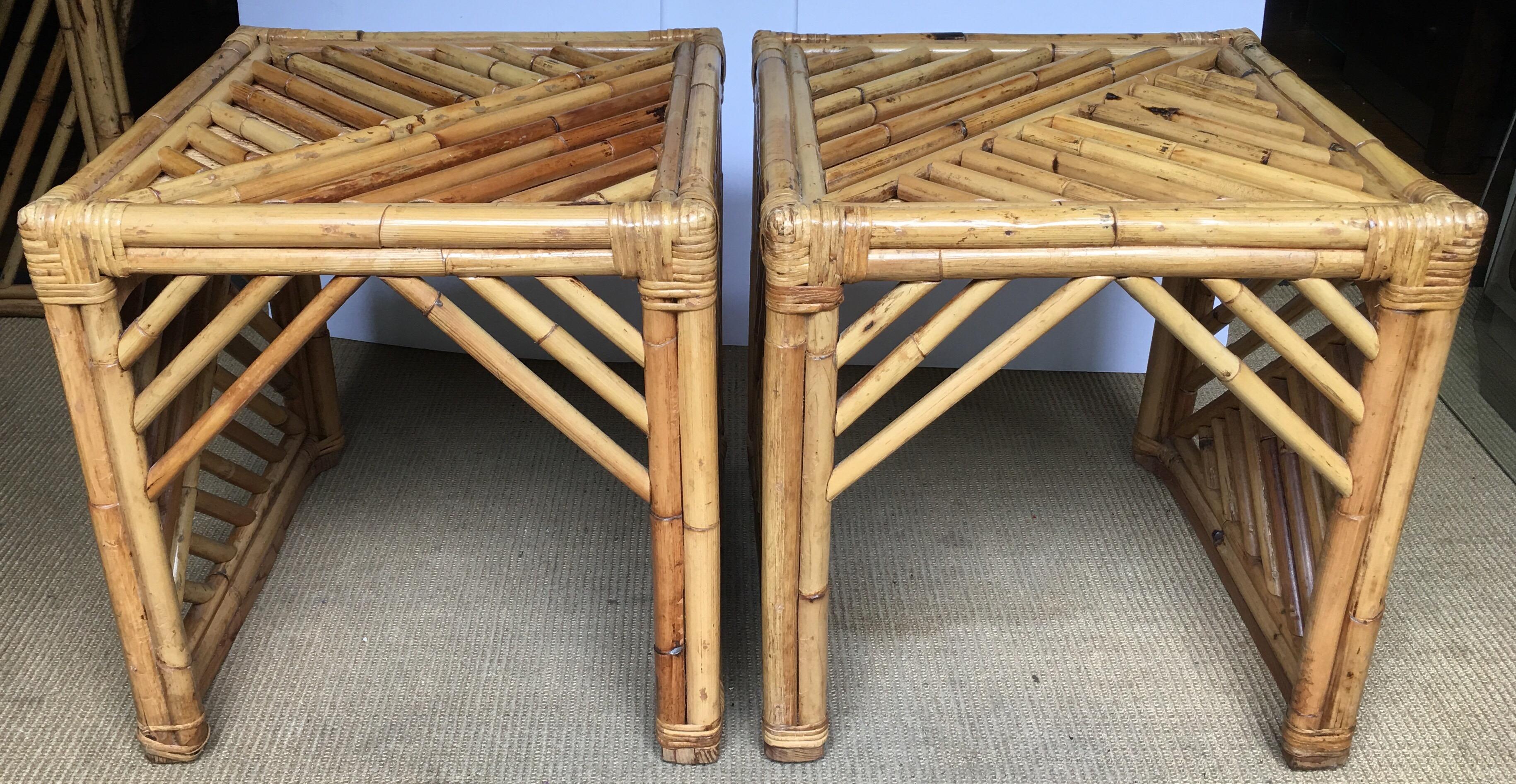 Mid-Century Modern Bamboo Rattan Fretwork Console Table with Stool Ottomans 12