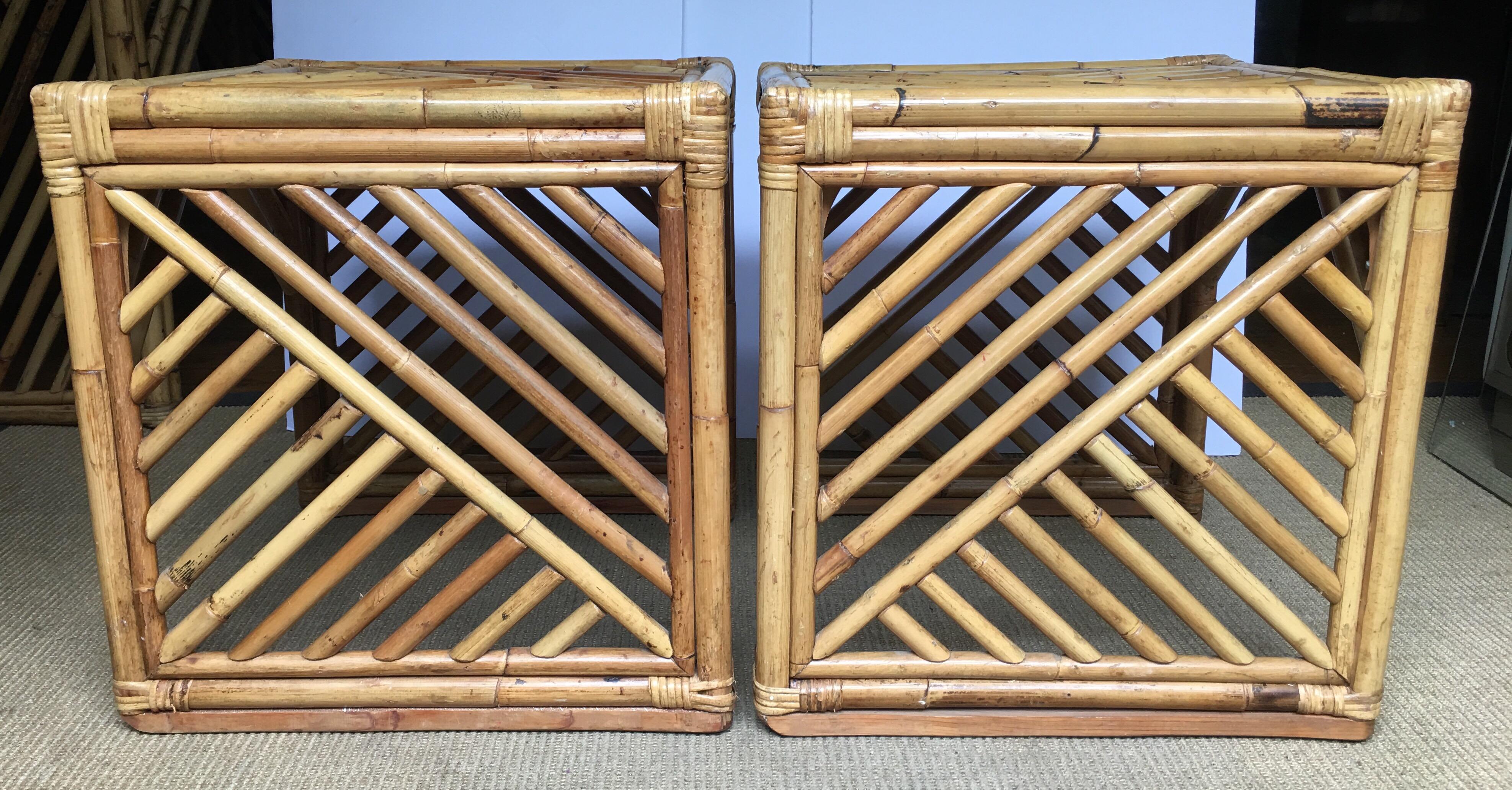 Mid-Century Modern Bamboo Rattan Fretwork Console Table with Stool Ottomans 13