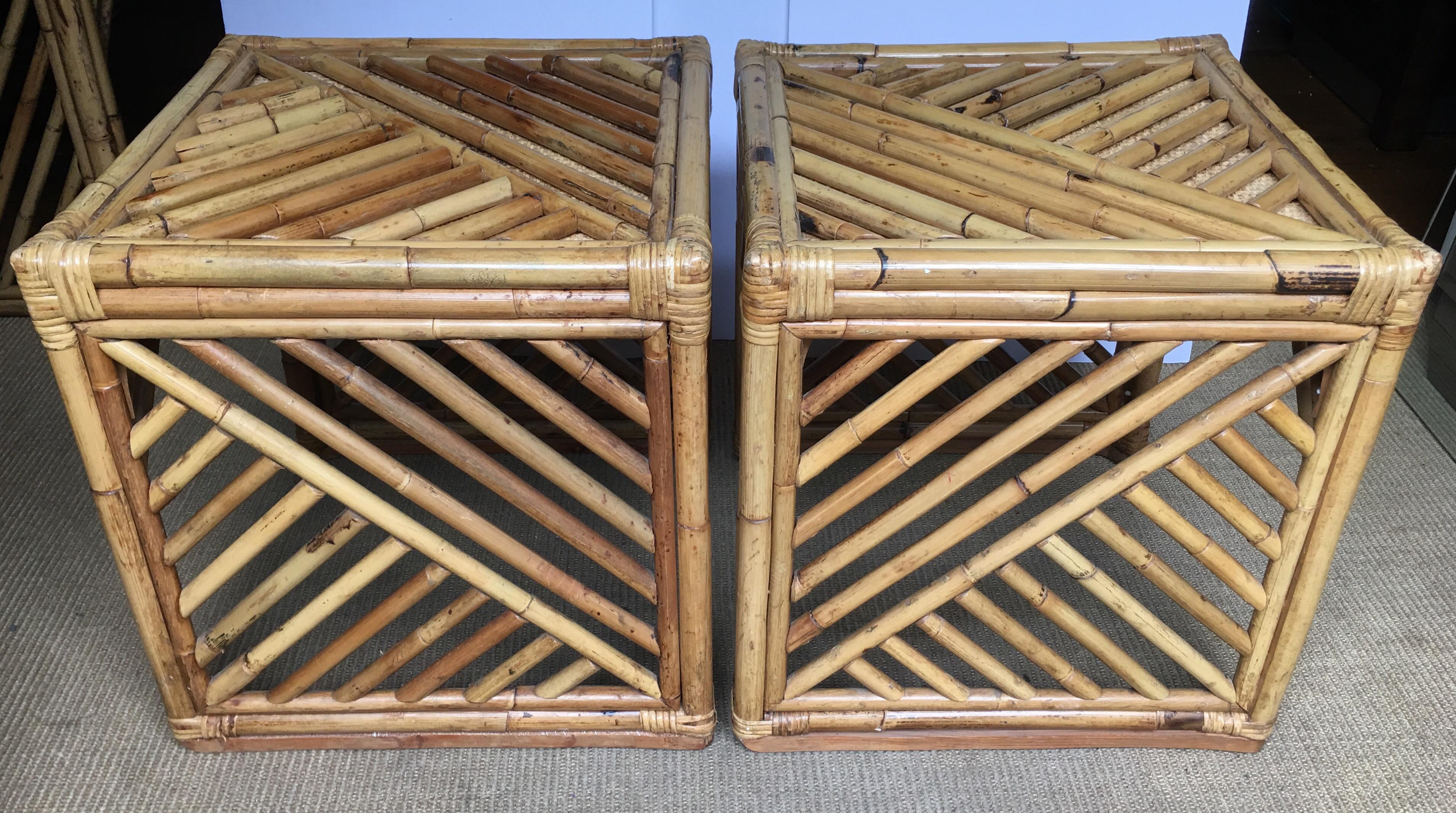 Mid-Century Modern Bamboo Rattan Fretwork Console Table with Stool Ottomans 14