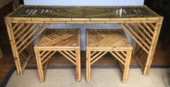 Mid-Century Modern Bamboo Rattan Fretwork Console Table with Stool Ottomans