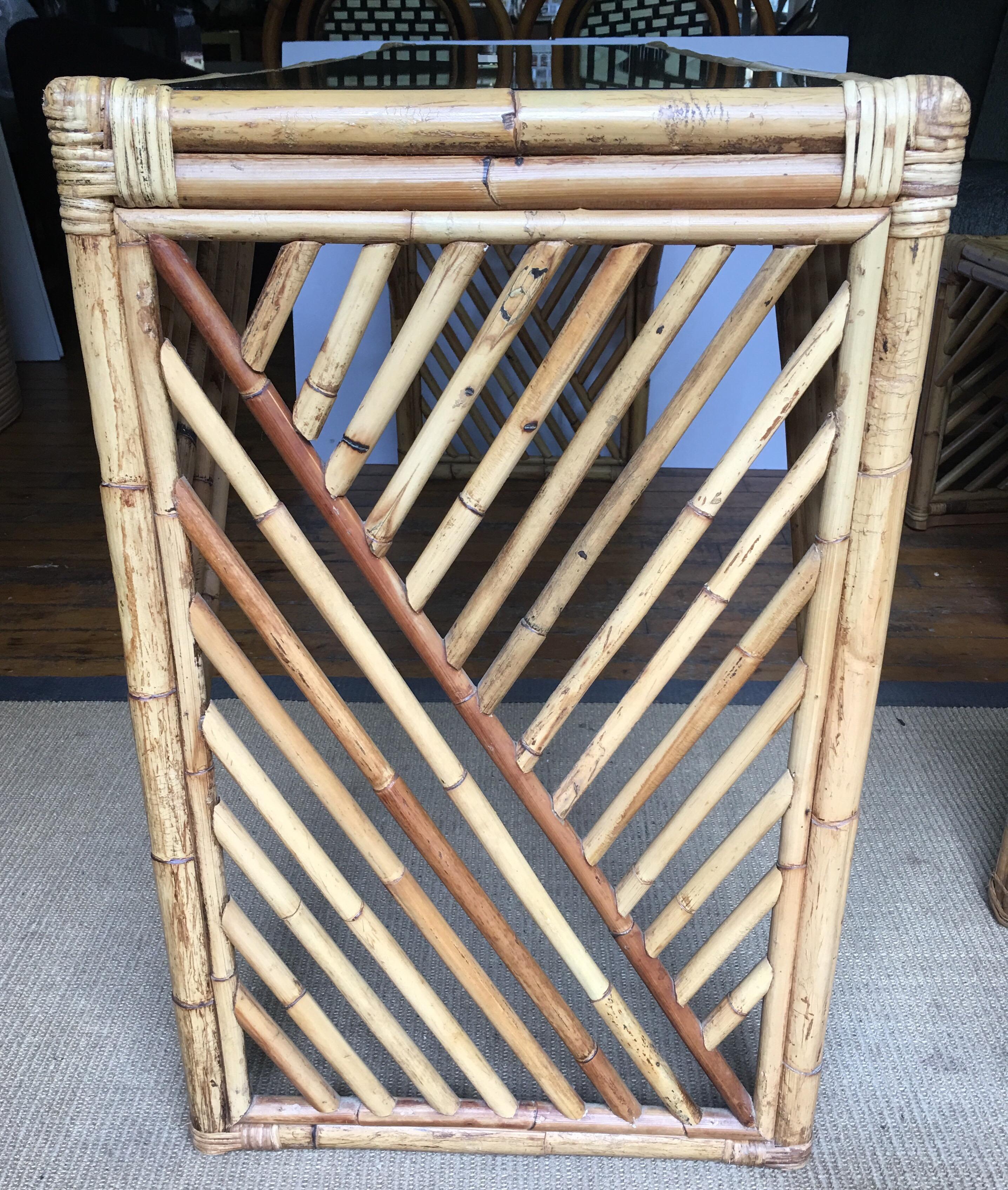 Mid-Century Modern Bamboo Rattan Fretwork Console Table with Stool Ottomans In Good Condition In Lambertville, NJ