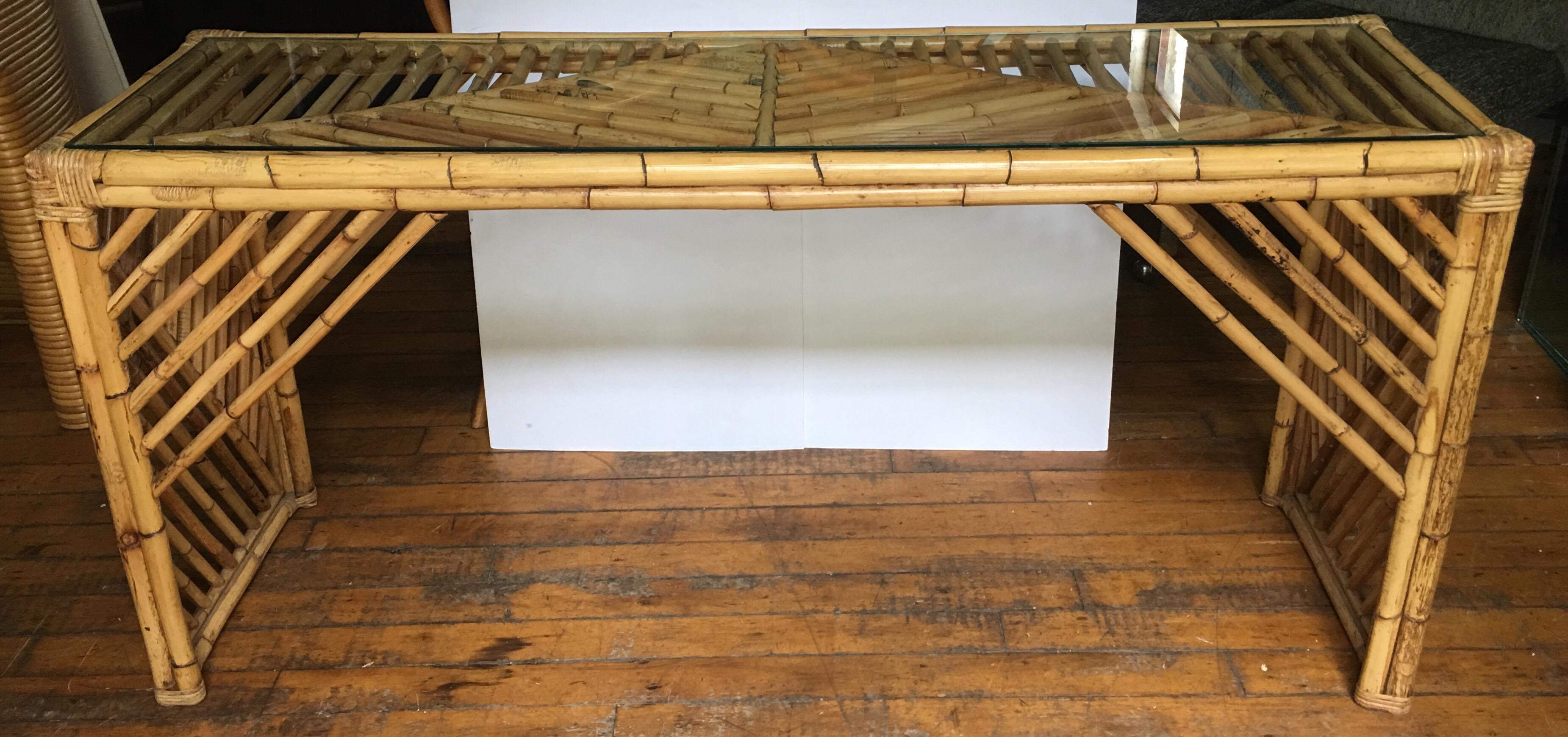 Mid-Century Modern Bamboo Rattan Fretwork Console Table with Stool Ottomans 1