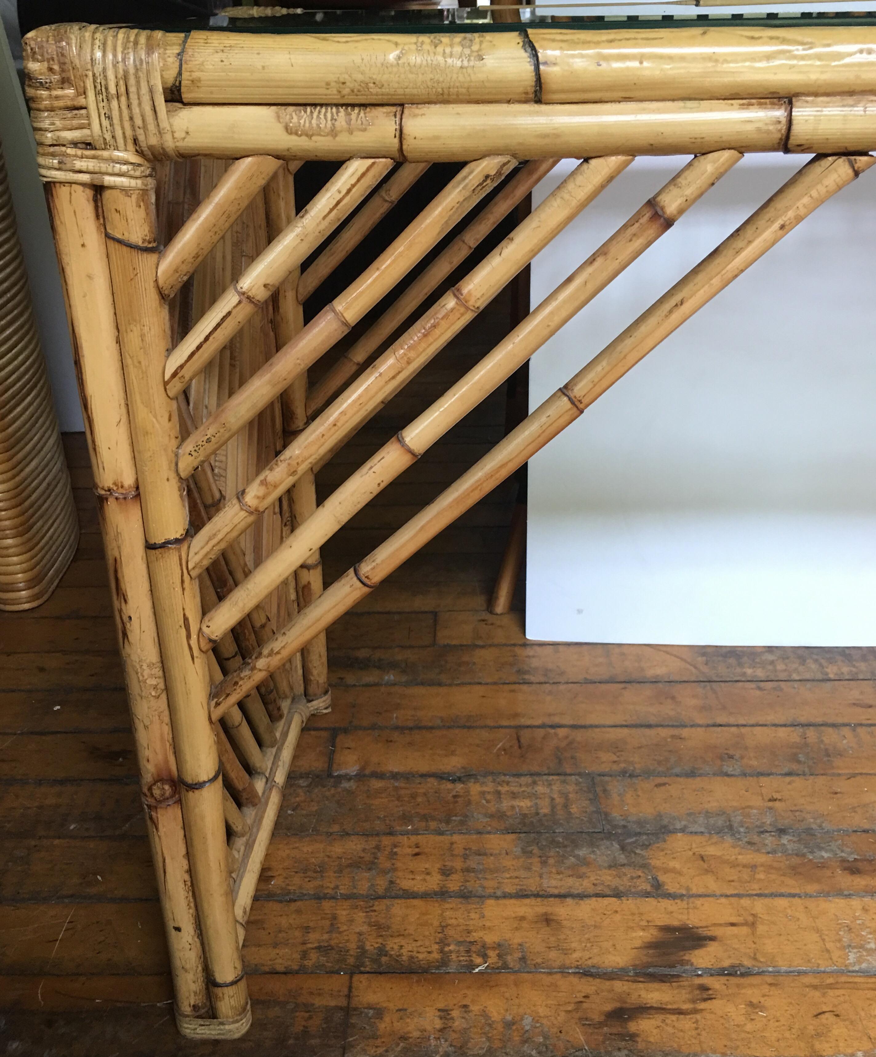 Mid-Century Modern Bamboo Rattan Fretwork Console Table with Stool Ottomans 2