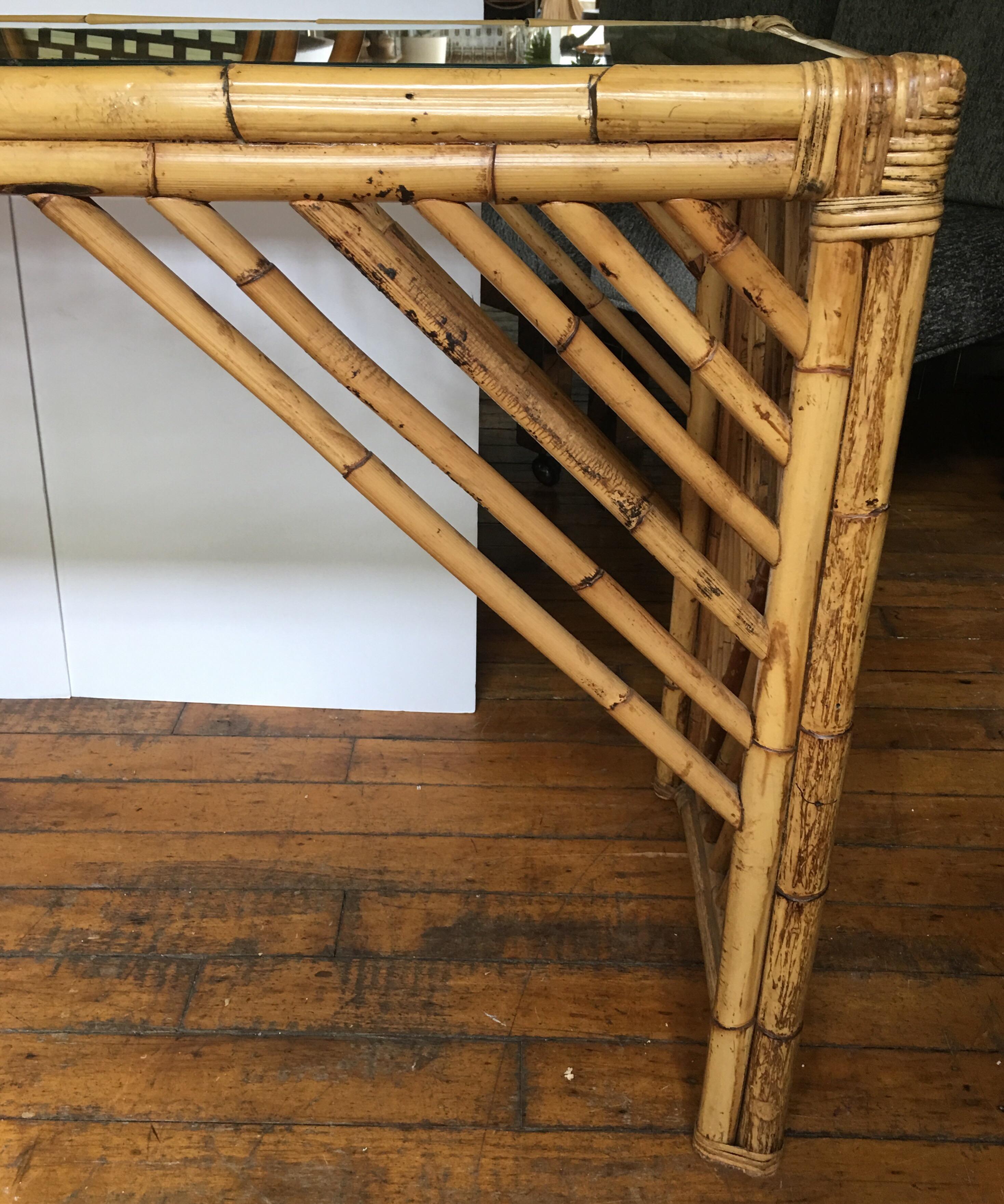 Mid-Century Modern Bamboo Rattan Fretwork Console Table with Stool Ottomans 3