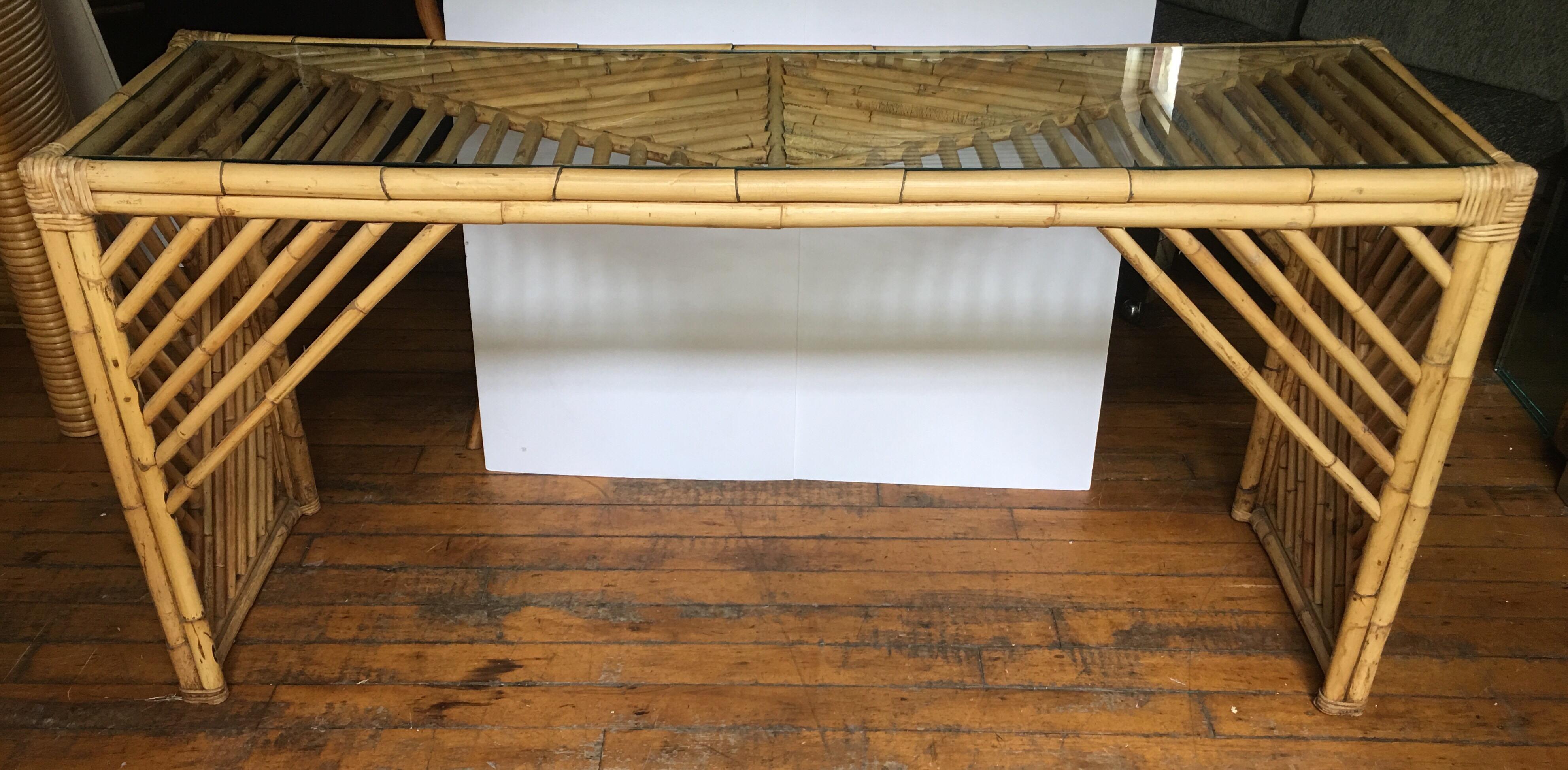 Mid-Century Modern Bamboo Rattan Fretwork Console Table with Stool Ottomans 4