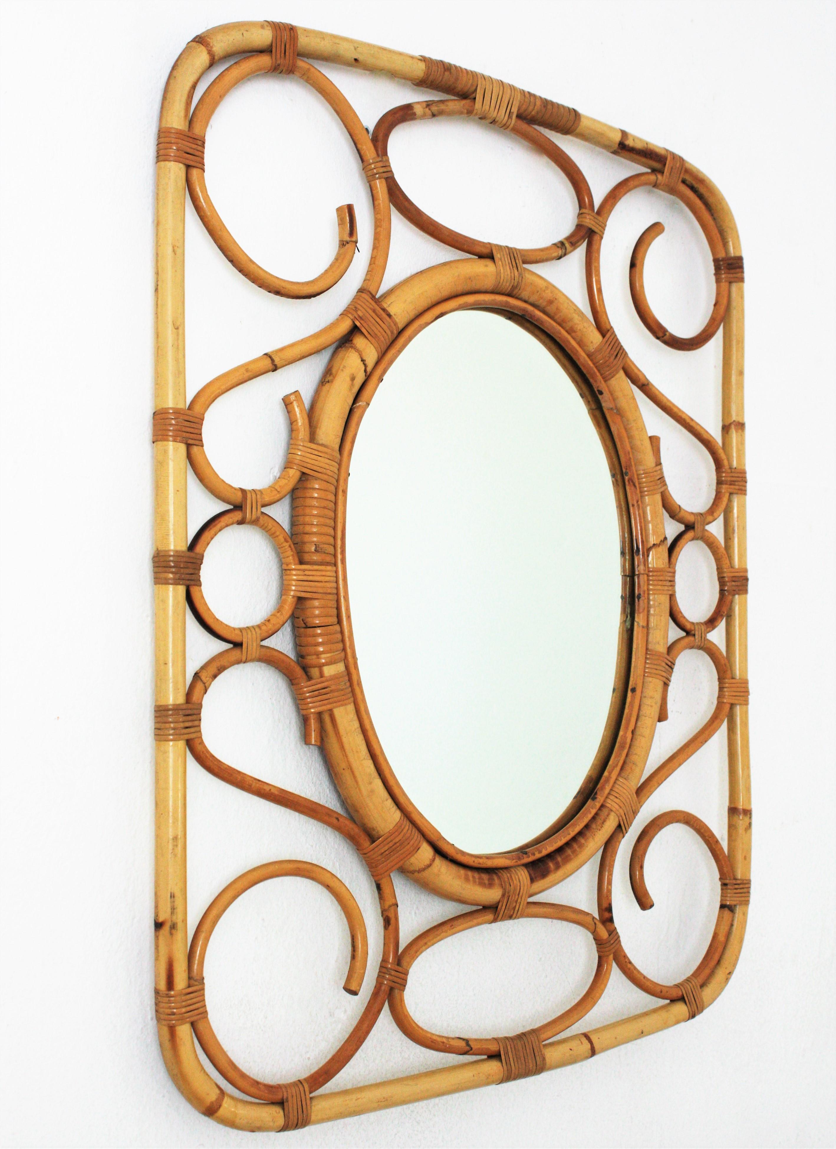 Hand-Crafted Mid-Century Modern Bamboo Rattan Rectangular Mirror