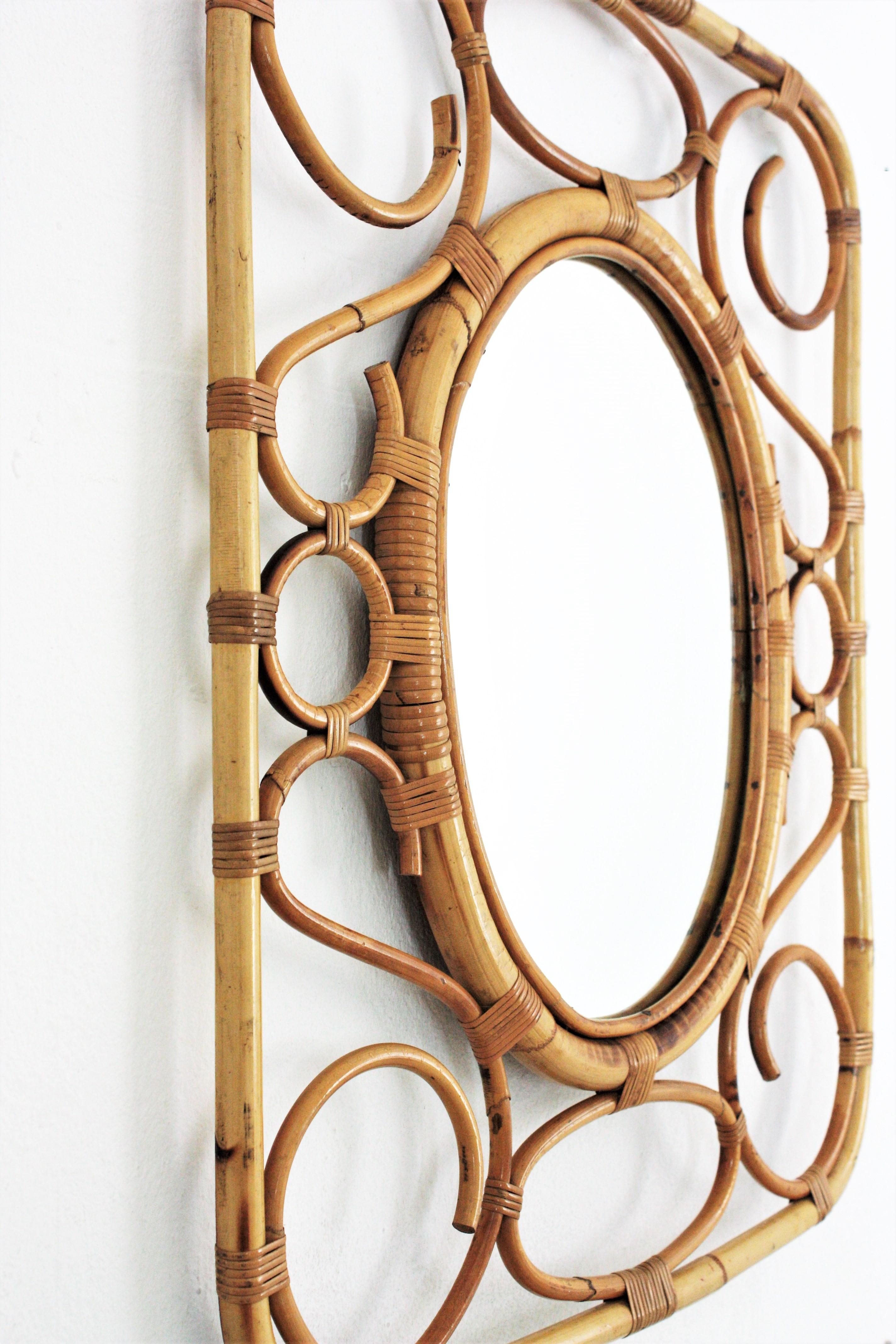 Fait main Miroir rectangulaire en bambou et rotin, moderne du milieu du siècle dernier