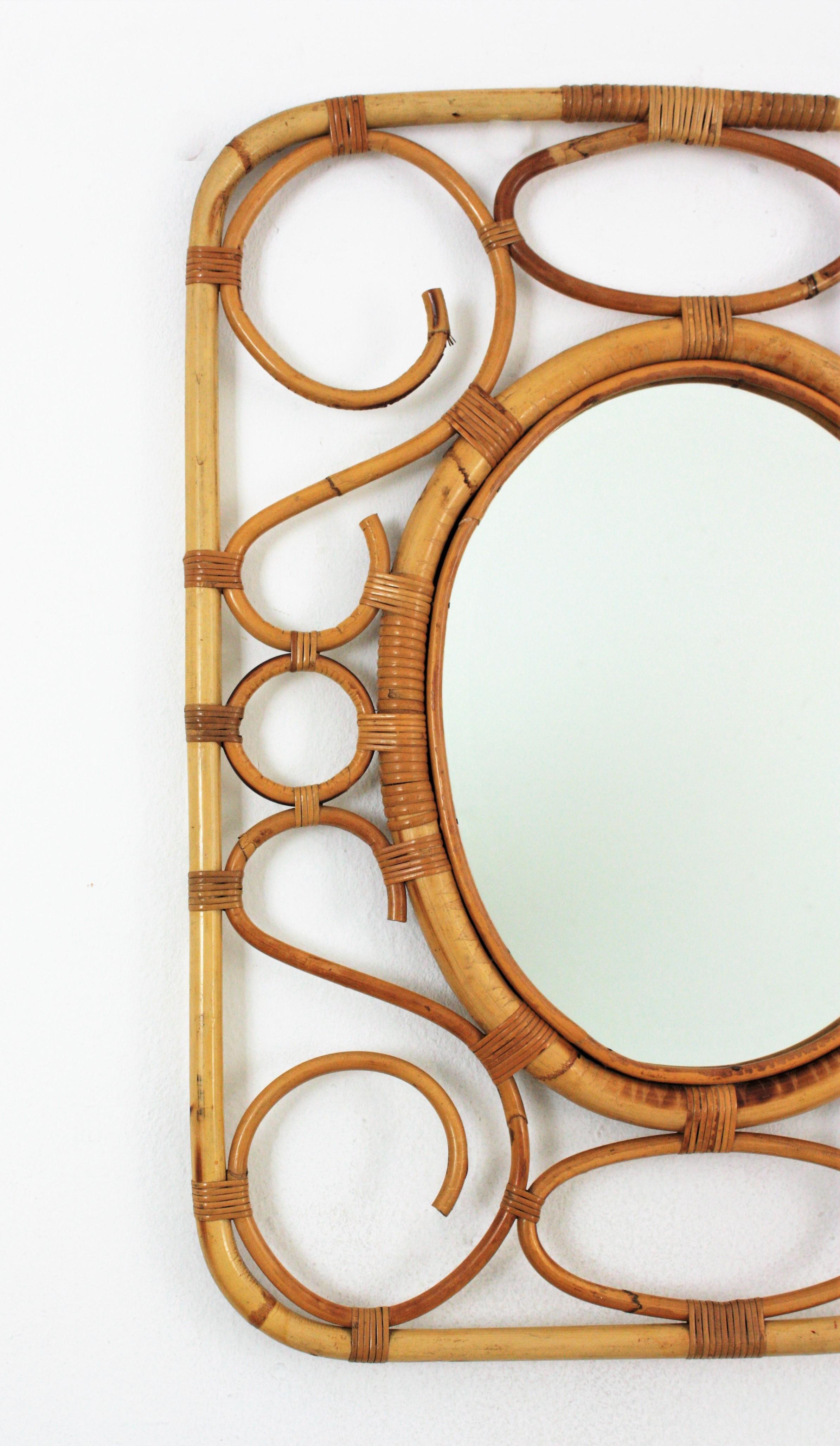 20th Century Mid-Century Modern Bamboo Rattan Rectangular Mirror