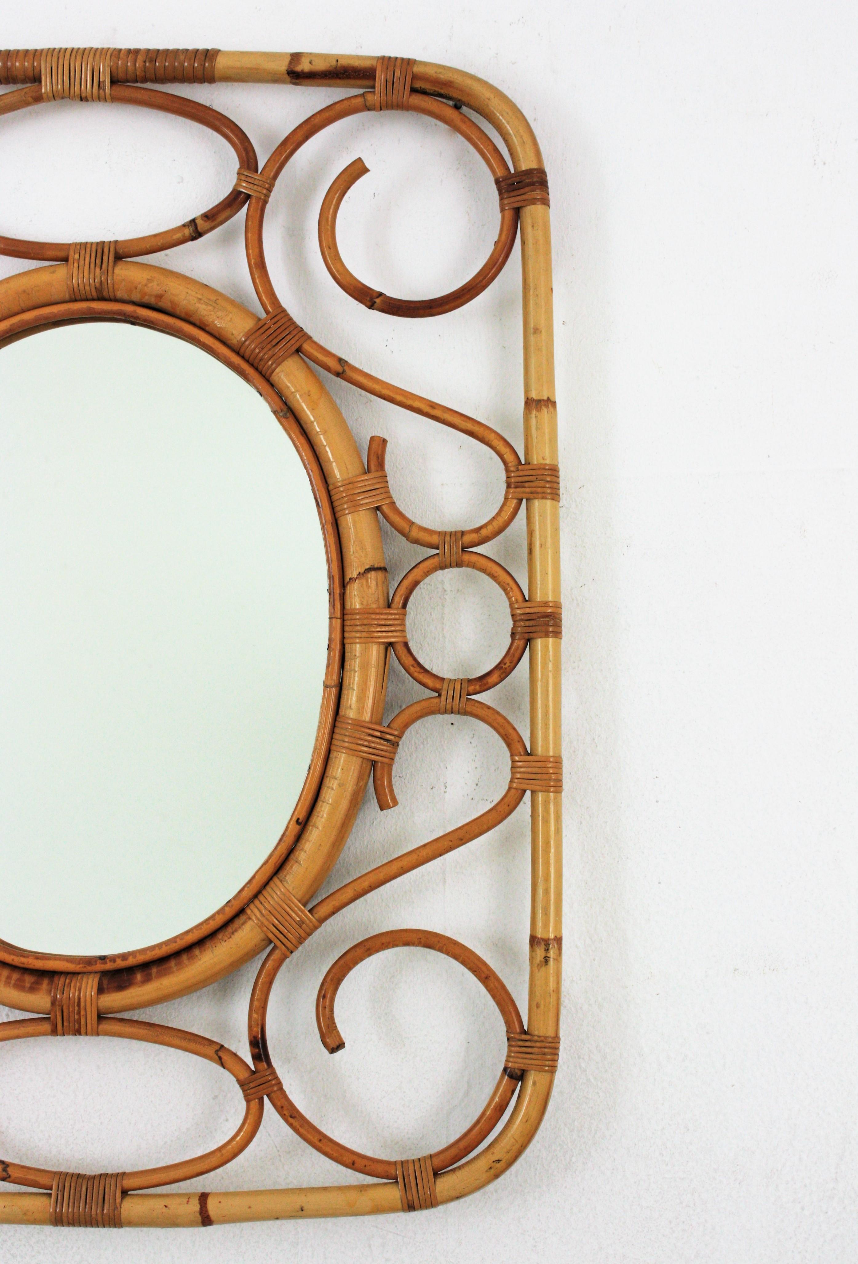 Mid-Century Modern Bamboo Rattan Rectangular Mirror 1