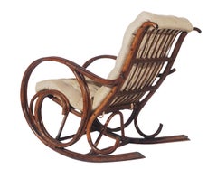 Mid-Century Modern Bamboo Rattan Rocking Lounge Chair with Scrolled Arms