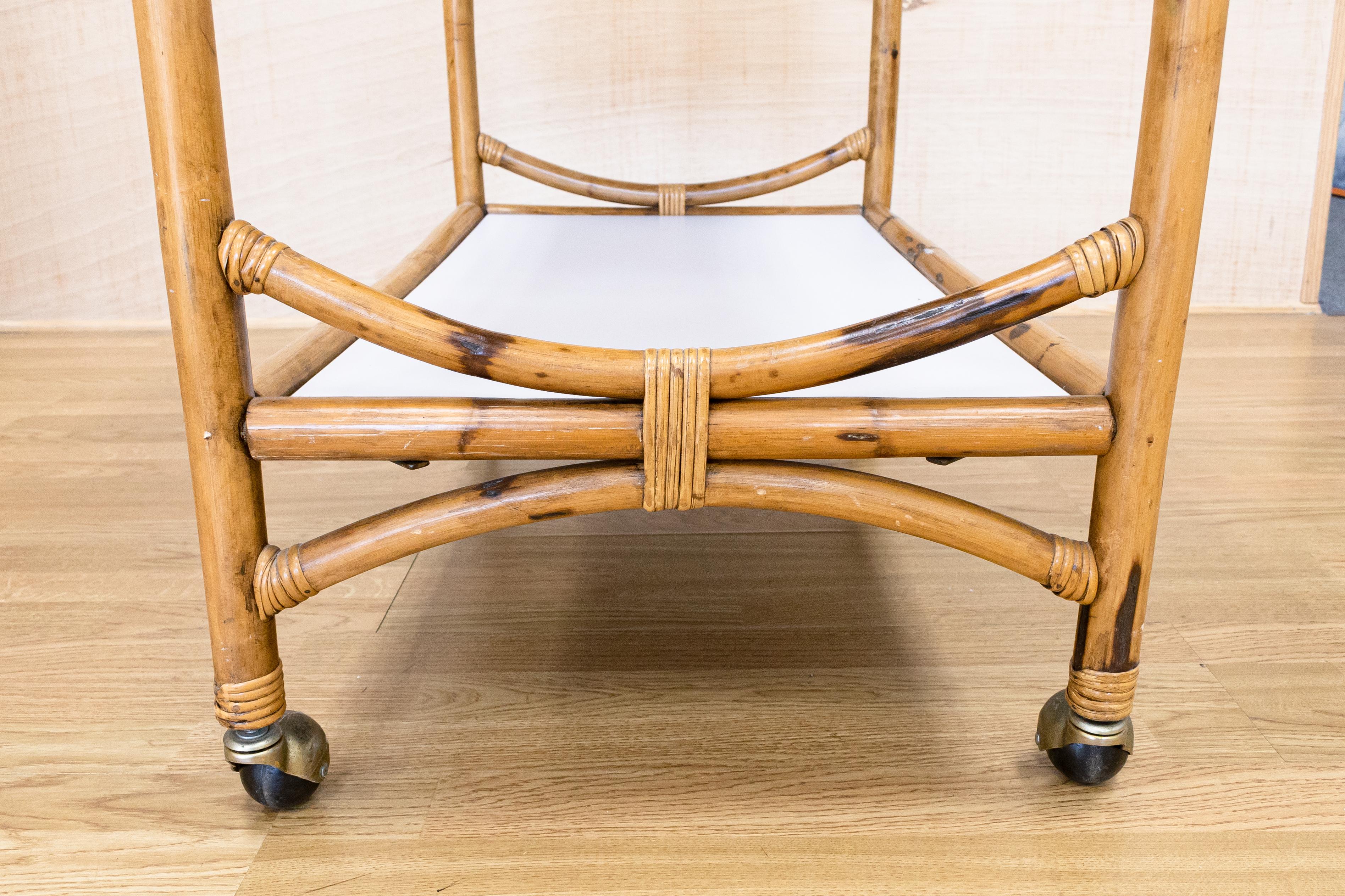 Mid-Century Modern Bamboo Rattan Rolling 2 Tier Bar Cart 1