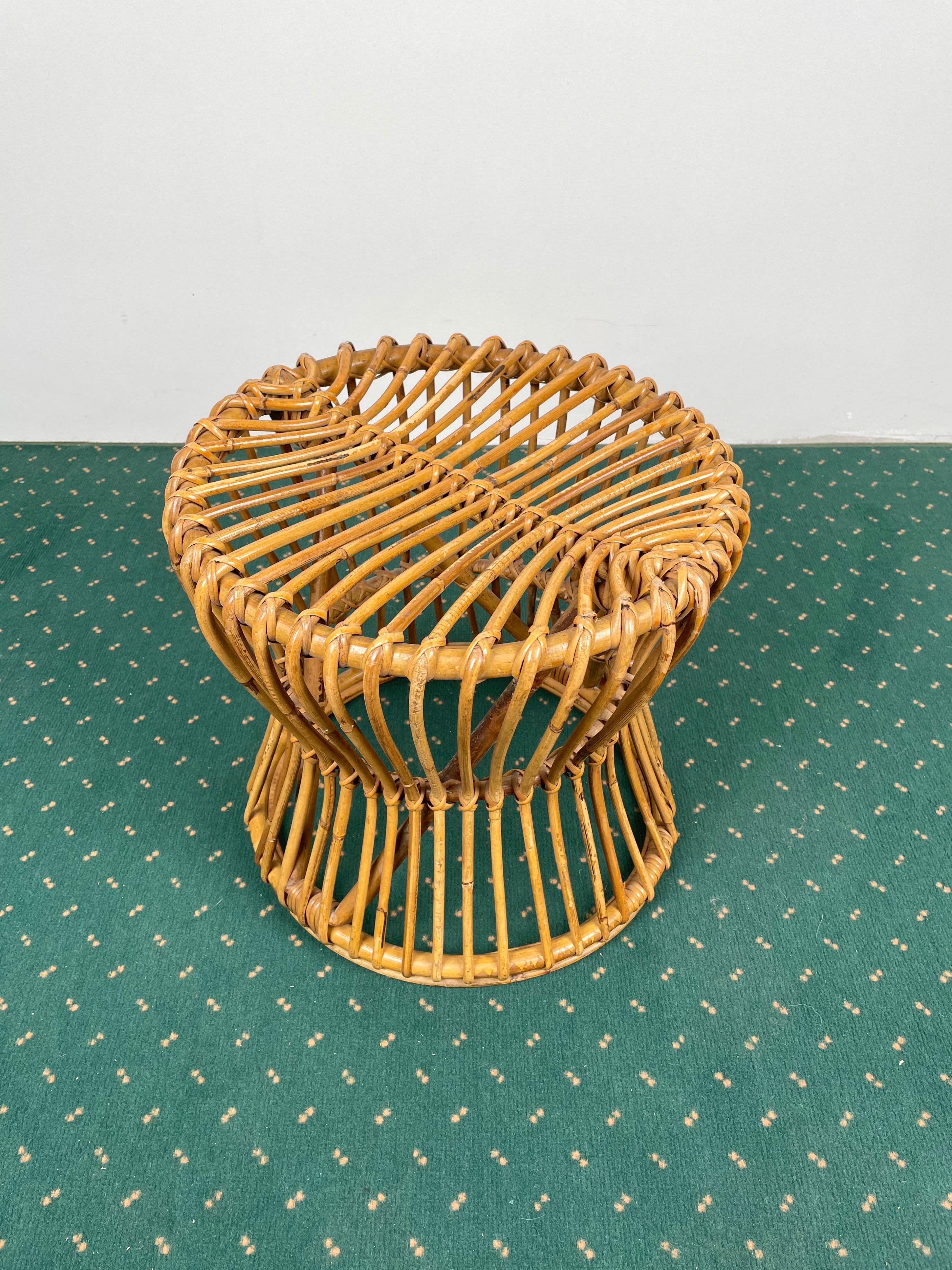 Italian Mid-Century Modern Bamboo Rattan Round Stool, Italy, 1960s For Sale