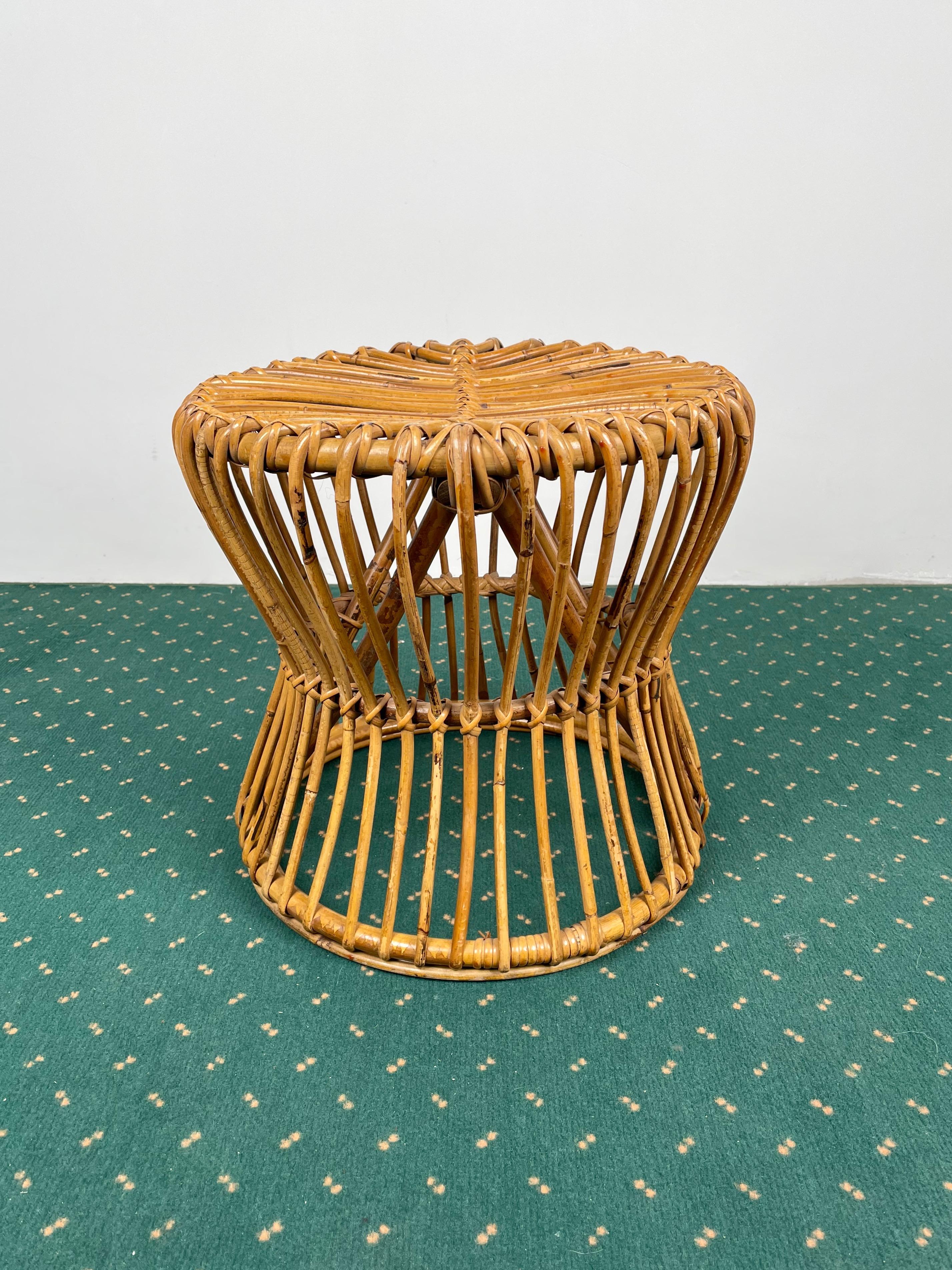 Mid-Century Modern Bamboo Rattan Round Stool, Italy, 1960s In Good Condition For Sale In Rome, IT