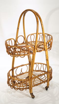 Mid-Century Modern Bamboo Rattan Serving Bar Cart Side Table, Italy 1950s