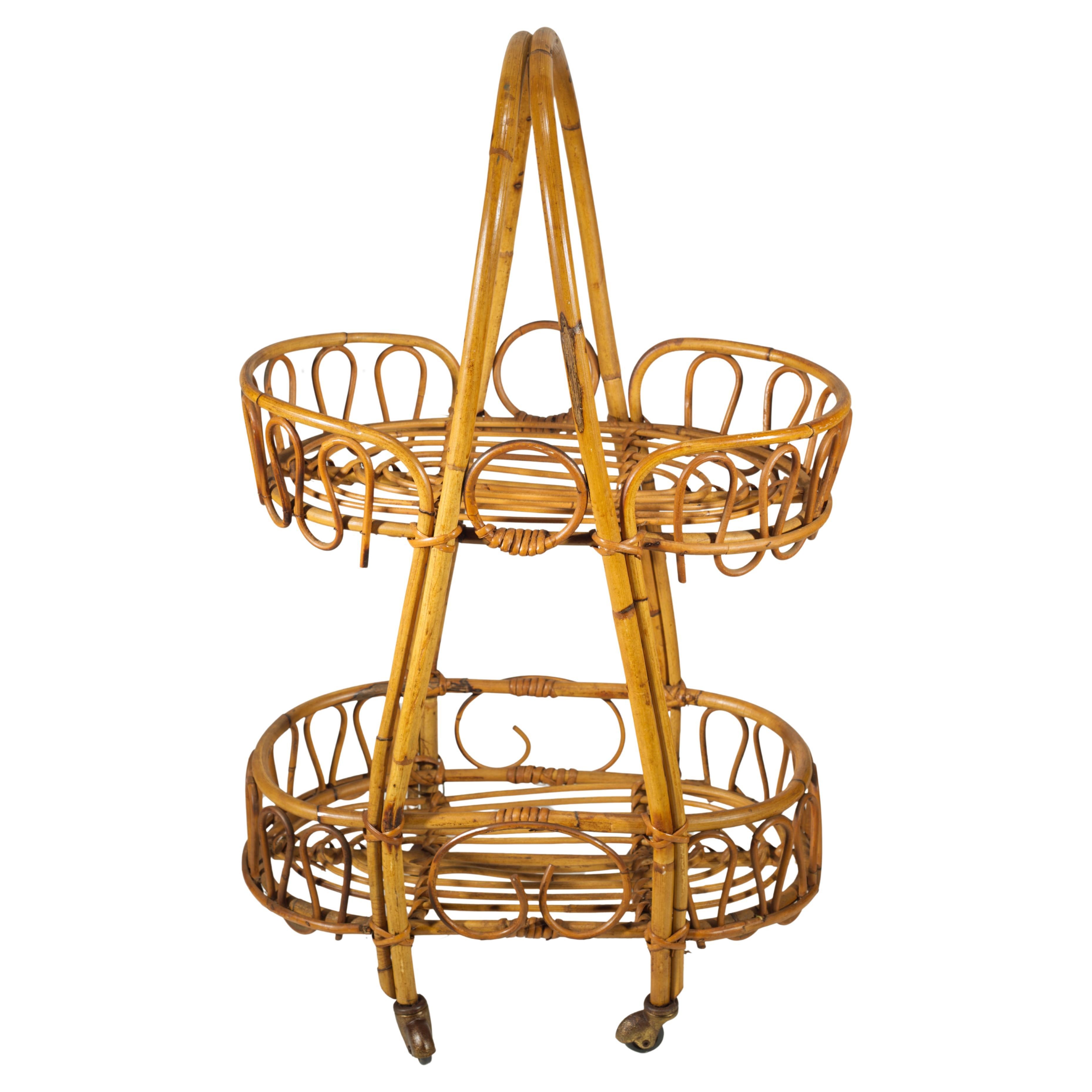 Mid-Century Modern Bamboo Rattan Serving Bar Cart Side Table, Italy 1950s