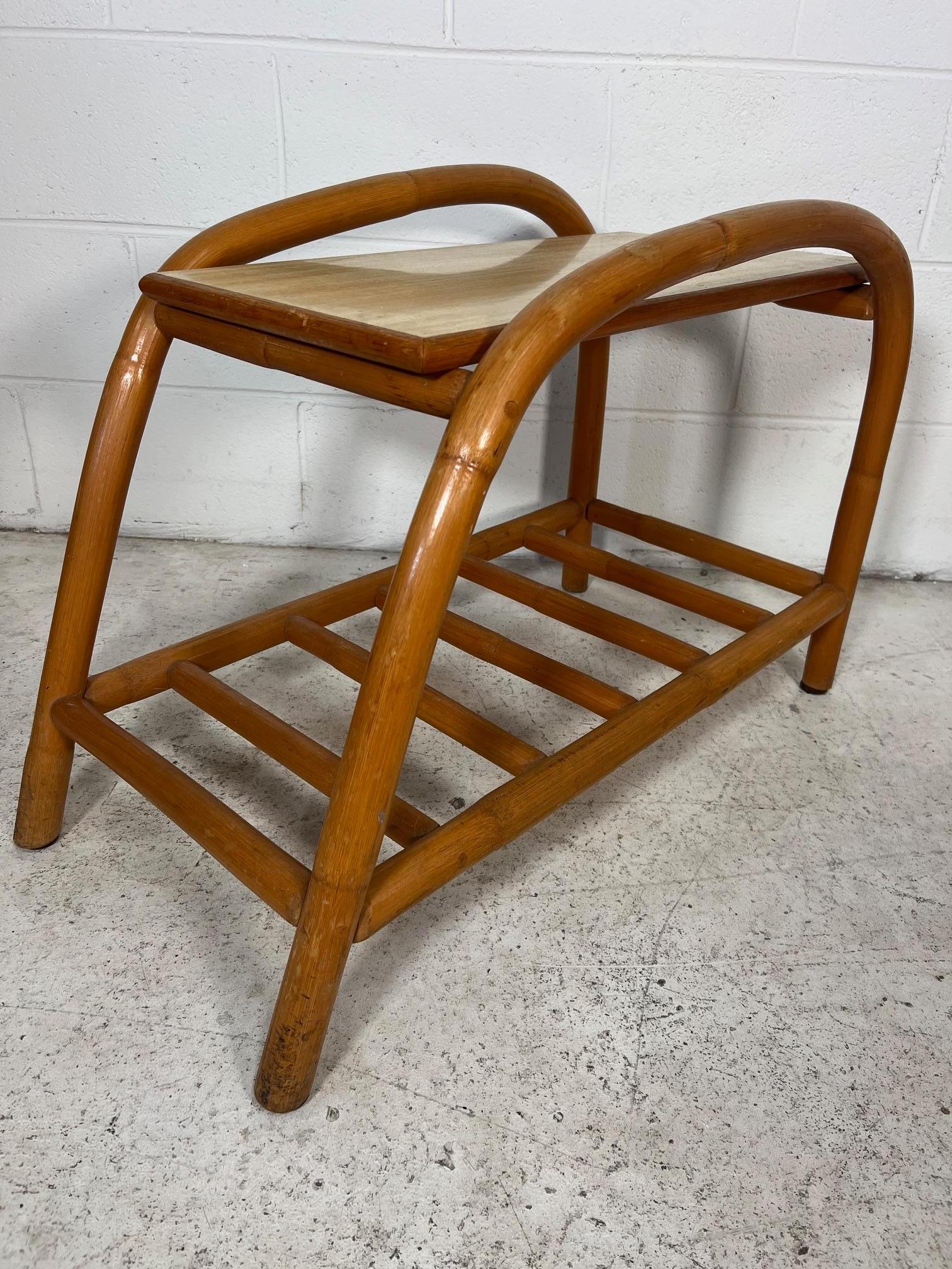 20th Century Mid Century Modern Bamboo Rattan Side Step Table Set For Sale