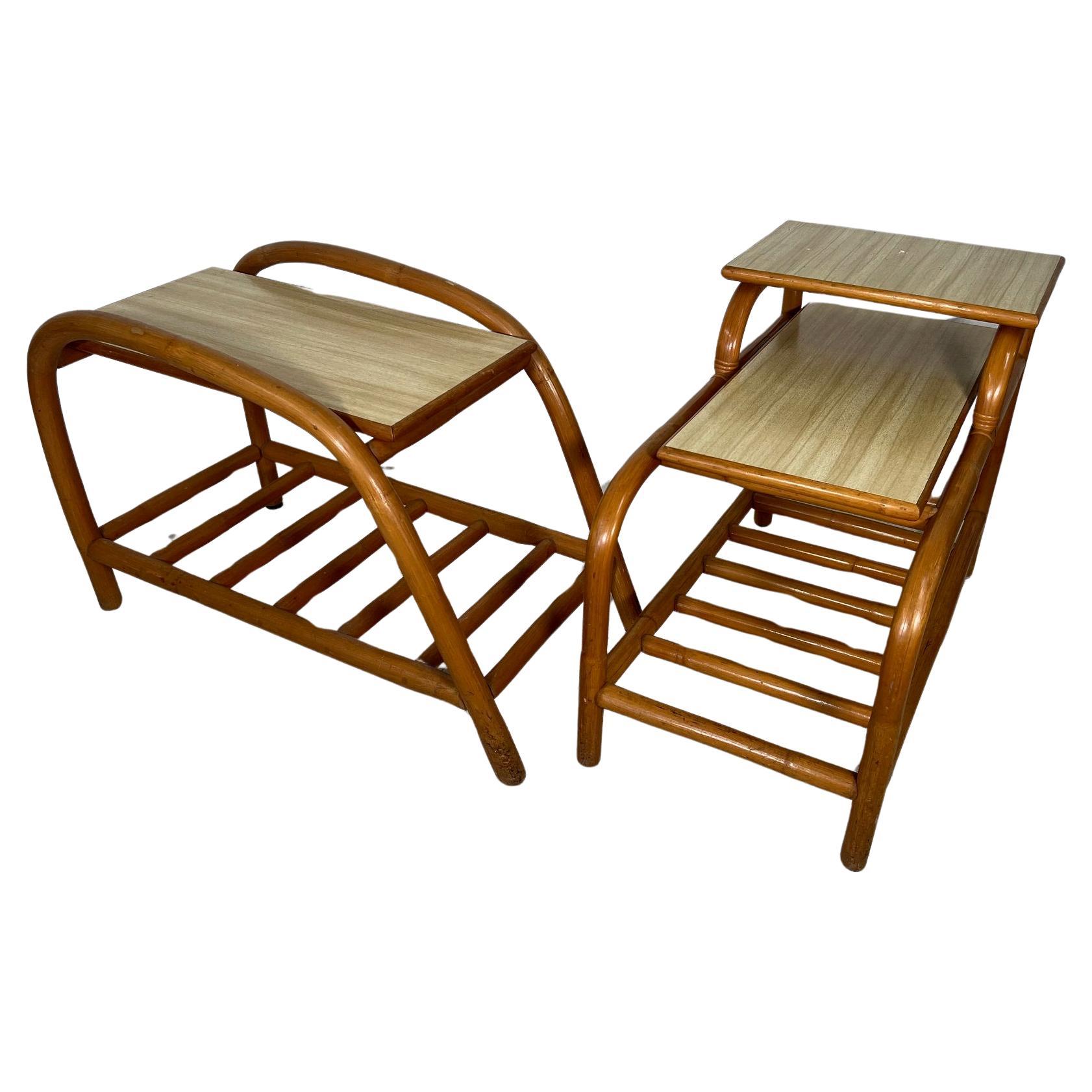 Mid Century Modern Bamboo Rattan Side Step Table Set For Sale